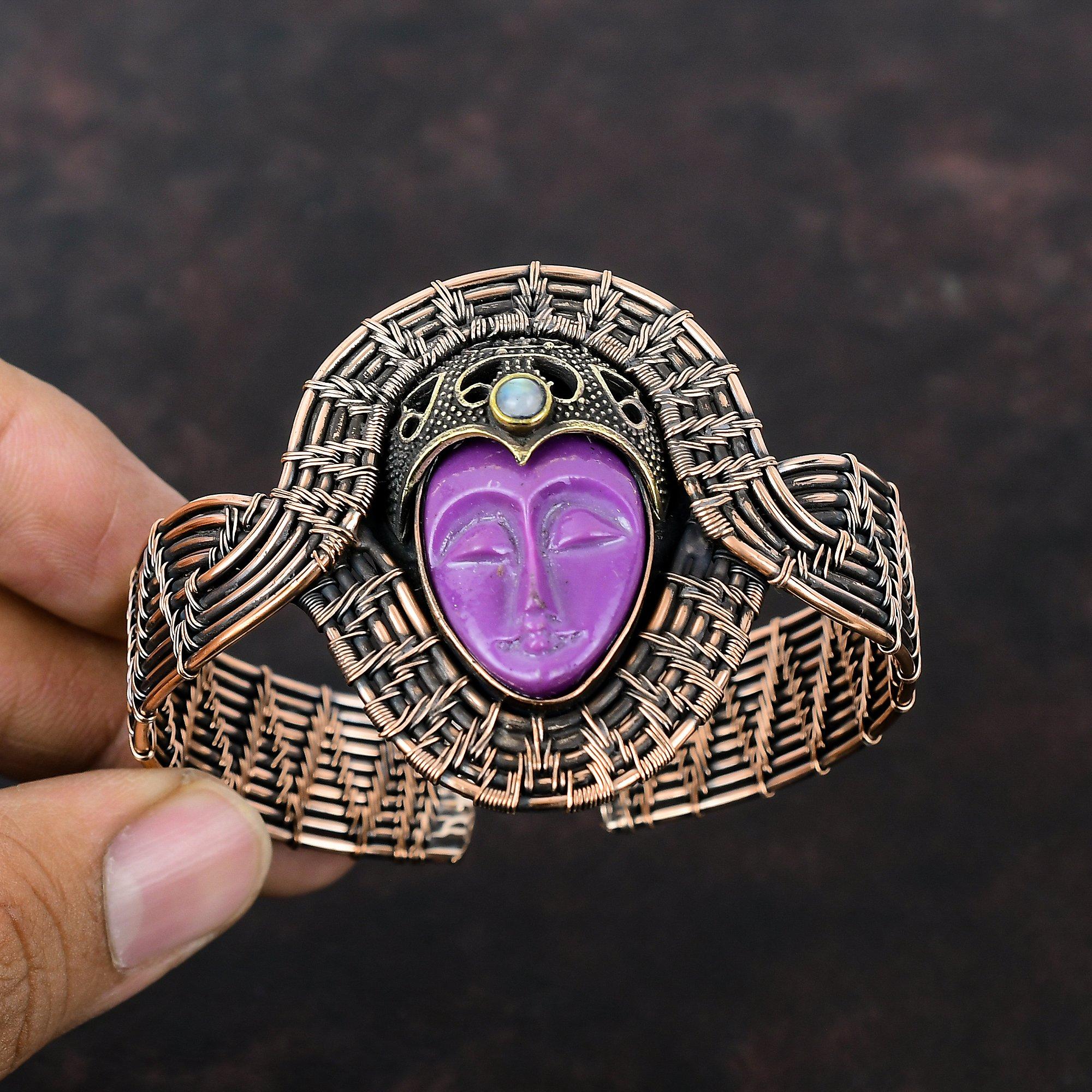 Purple Carved Bone Face Bangle Copper Wire Wrapped Cuff Bracelet Rainbow Moonstone Bangle Handmade Adjustable Cuff Gemstone Jewelry For Gift