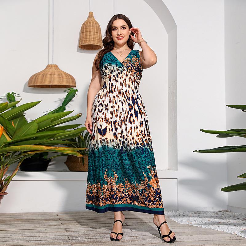 Letní dámské šaty nadměrných velikostí Dlouhé šaty s bohémským potiskem