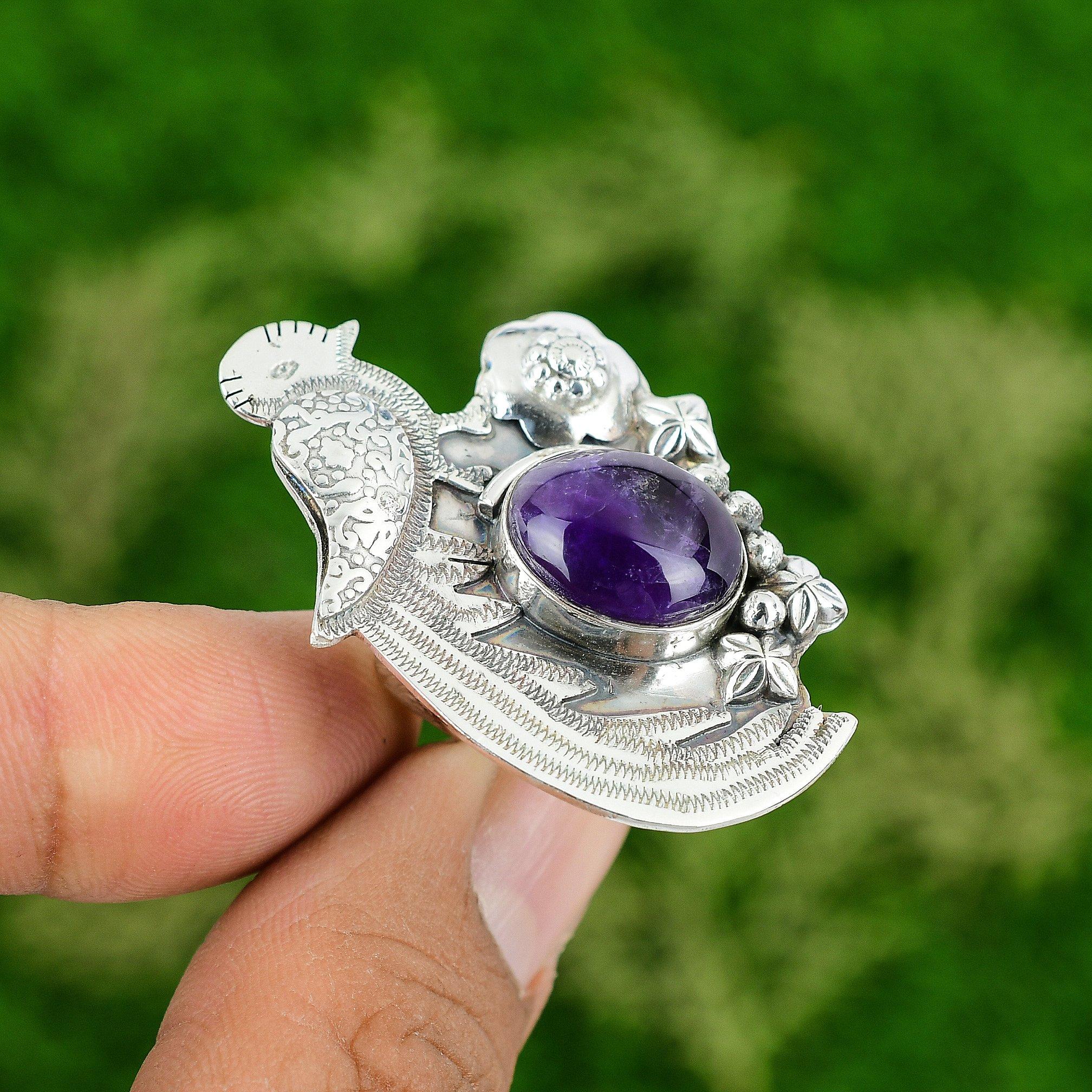 Gift For Her Natural African Amethyst Stackable Bird Adjustable Ring 925 Silver