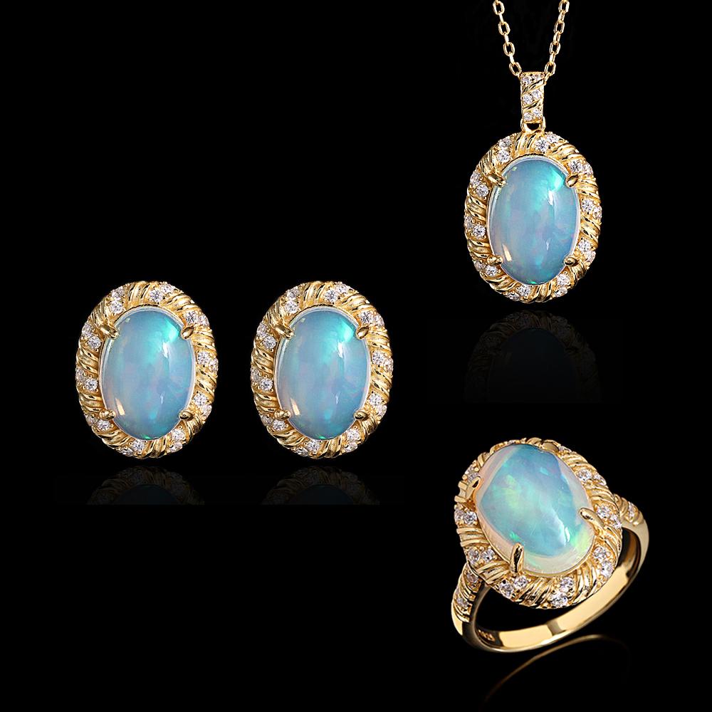 Natural oval 10*14mm opal Ring pendant necklace 925 sterling silver earrings fine jewelry set for women's Proposal Wedding gifts