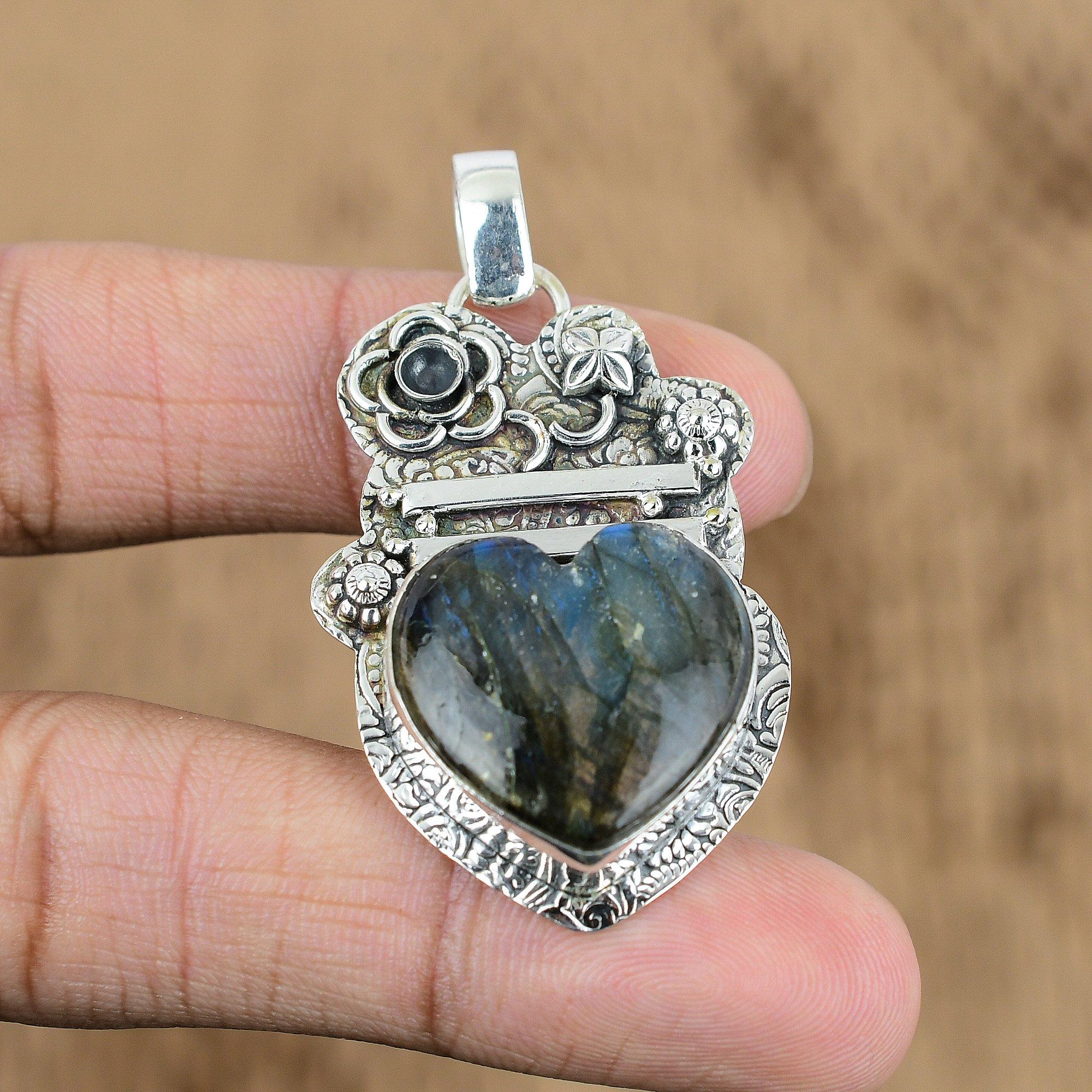 Natural Labradorite Gemstone Pendant Flower 925 Sterling Silver Indian Jewelry