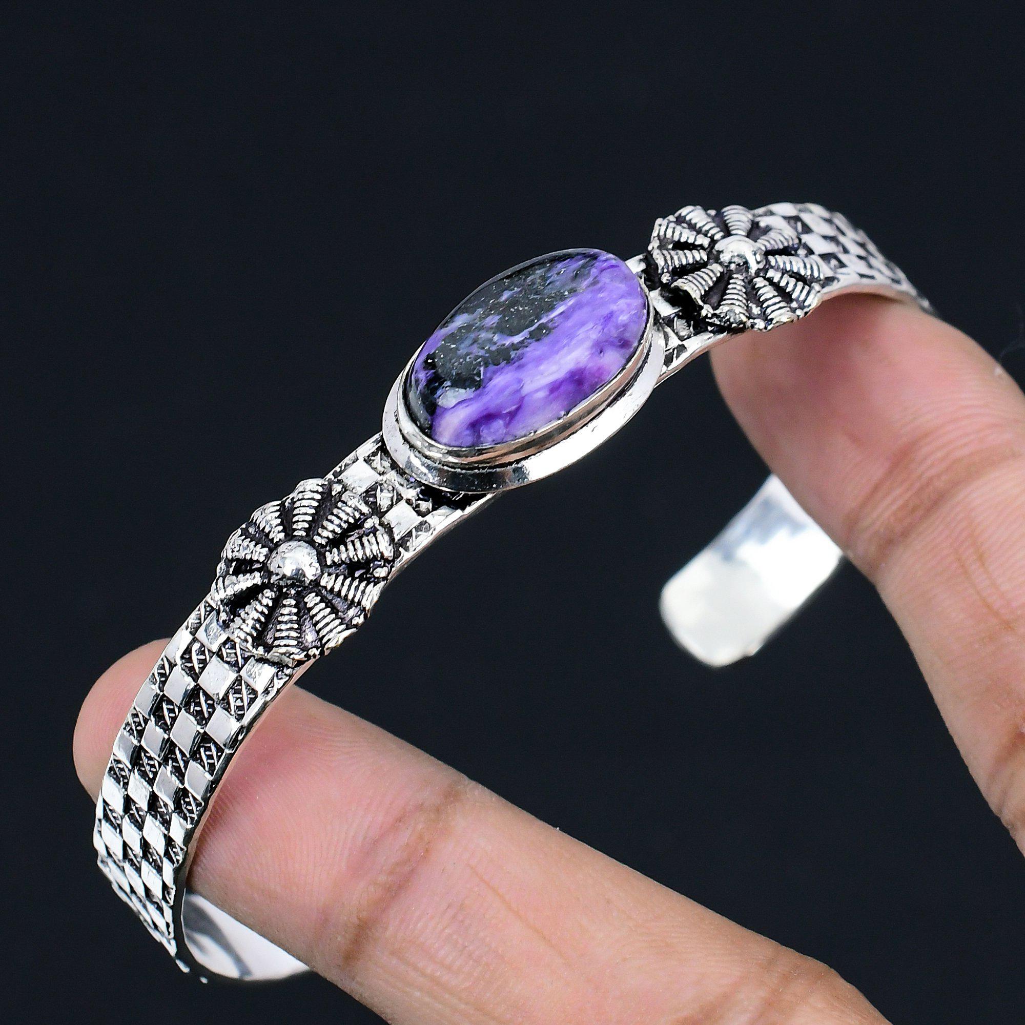 Bracelet en pierre gemme Charoïte naturelle Violet Ajustable Bijoux en Argent Sterling 925