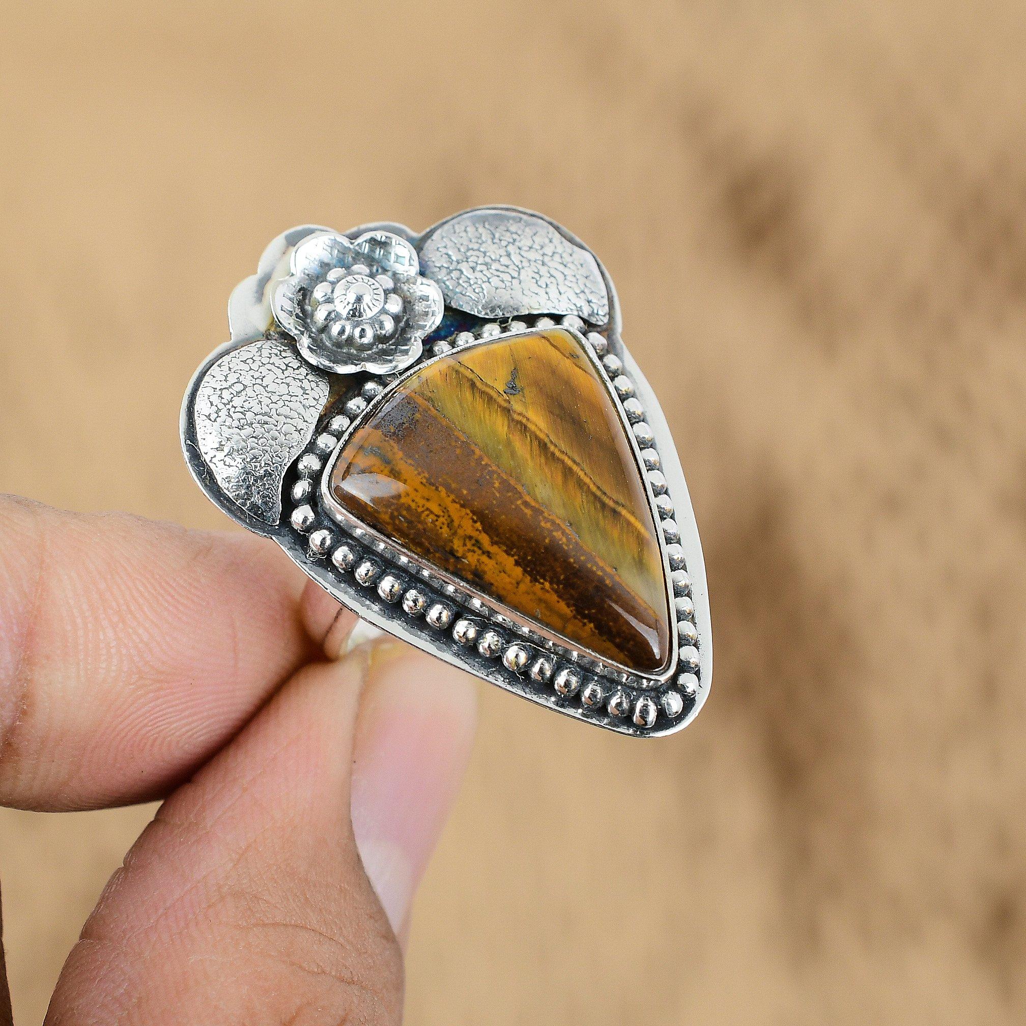 Gift For Her Natural Tiger'S Eye Multi Stone Flower Adjustable Ring 925 Silver