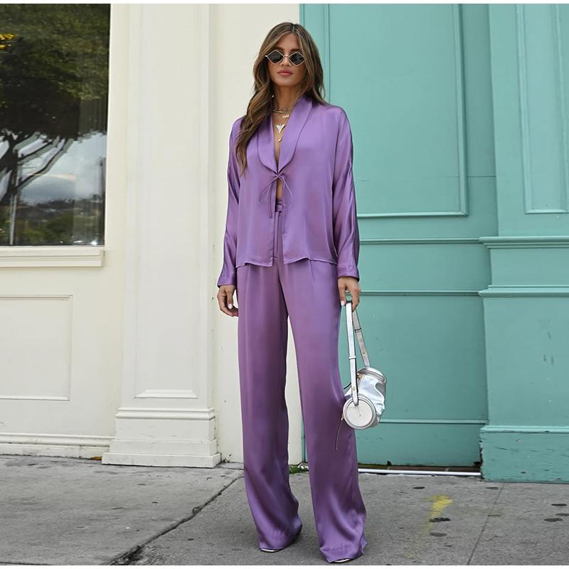 Casual Long Sleeved Commuting Suit Elegant Women V Neck Lace Up Top Pants Outfit 2025 Spring Summer High Street Satin Two Piece Set
