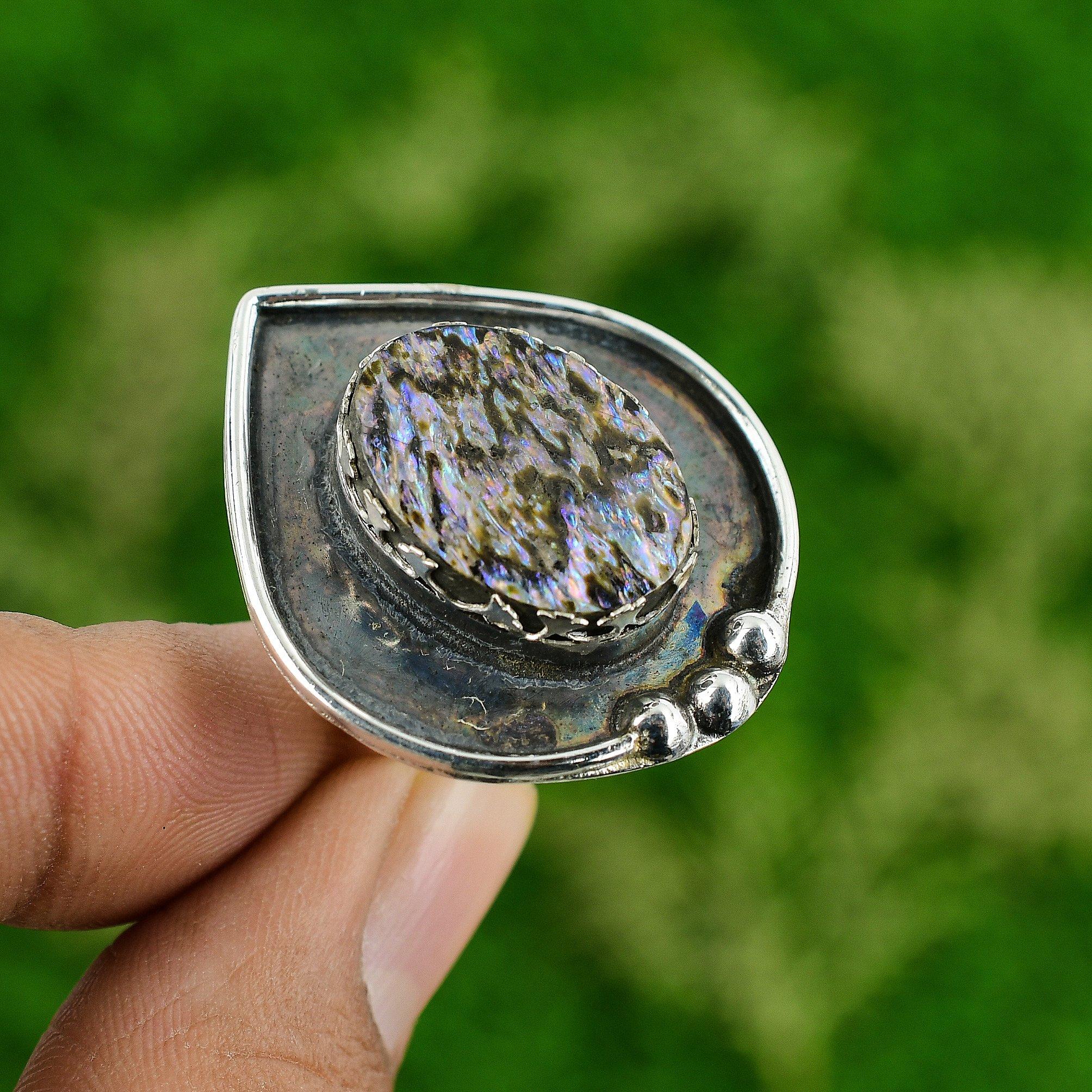 Natural Abalone Shell Gemstone Statement Adjustable Ring 925 Sterling Silver