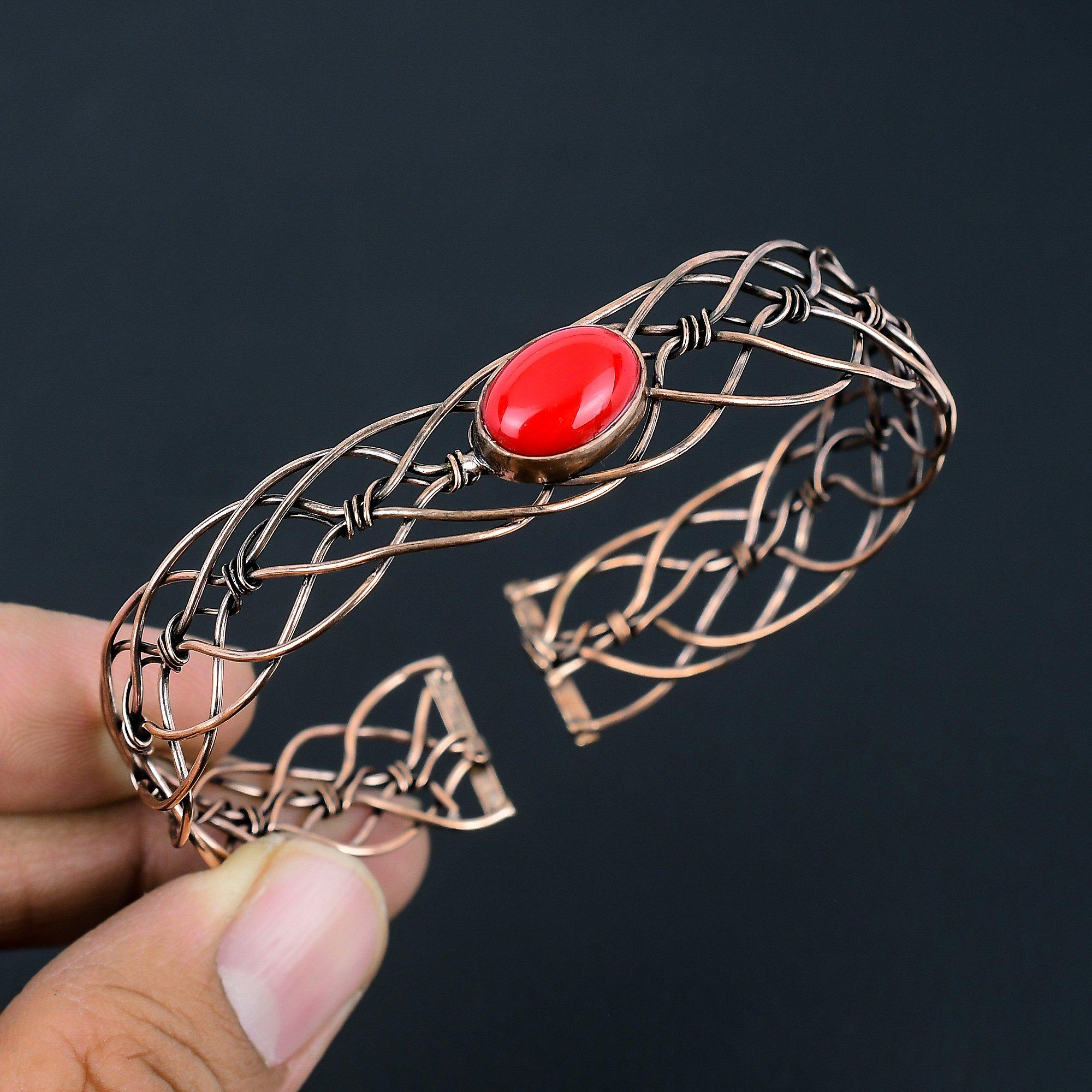 Red Coral Gemstone Handmade Pure Copper Wire Wrap Adjustable Bracelet For Women