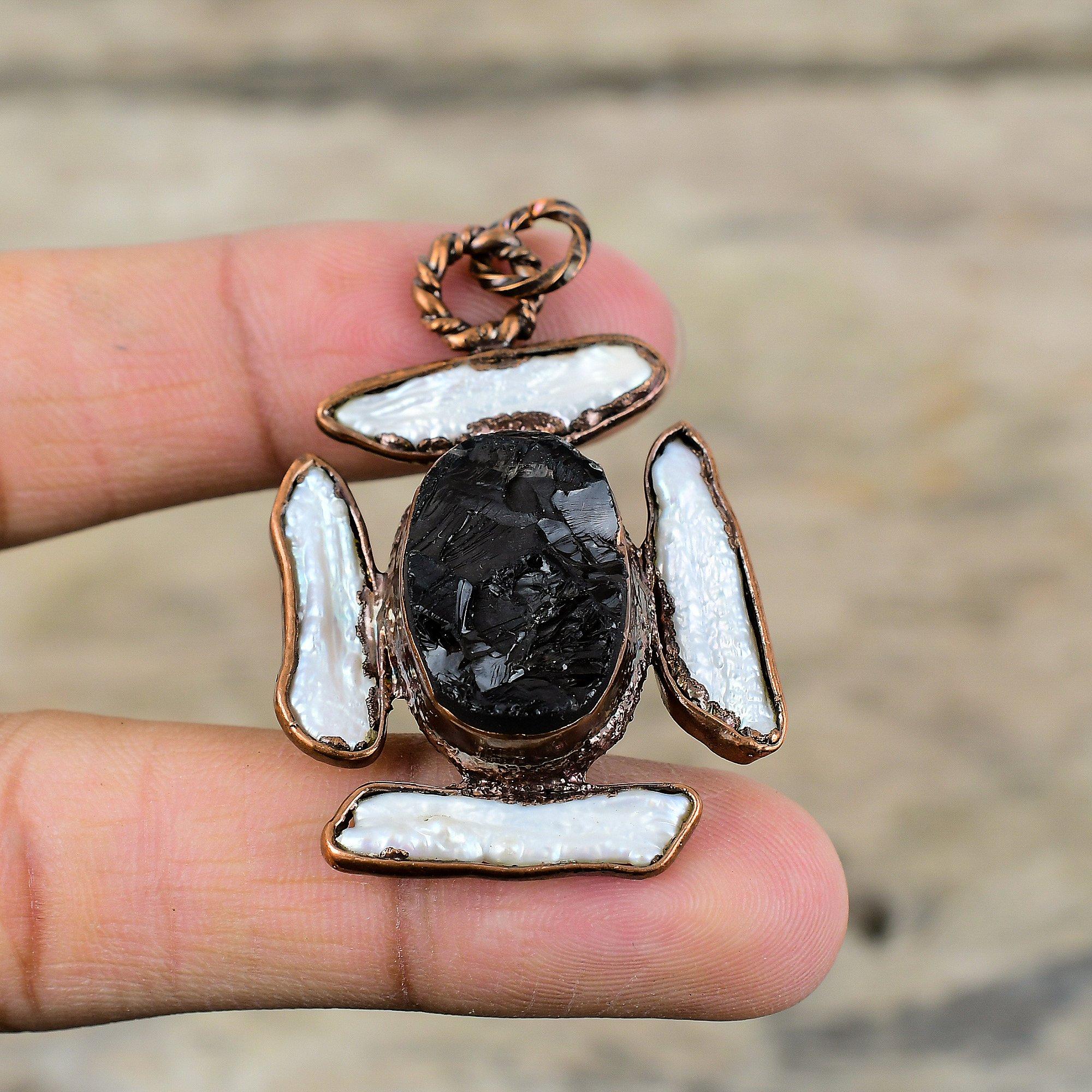 Black Tourmaline Rough Pendant Electroformed Copper Pendant Gemstone Jewelry Biwa Pearl Pendant Handmade Electroformed Jewelry Wedding Gift
