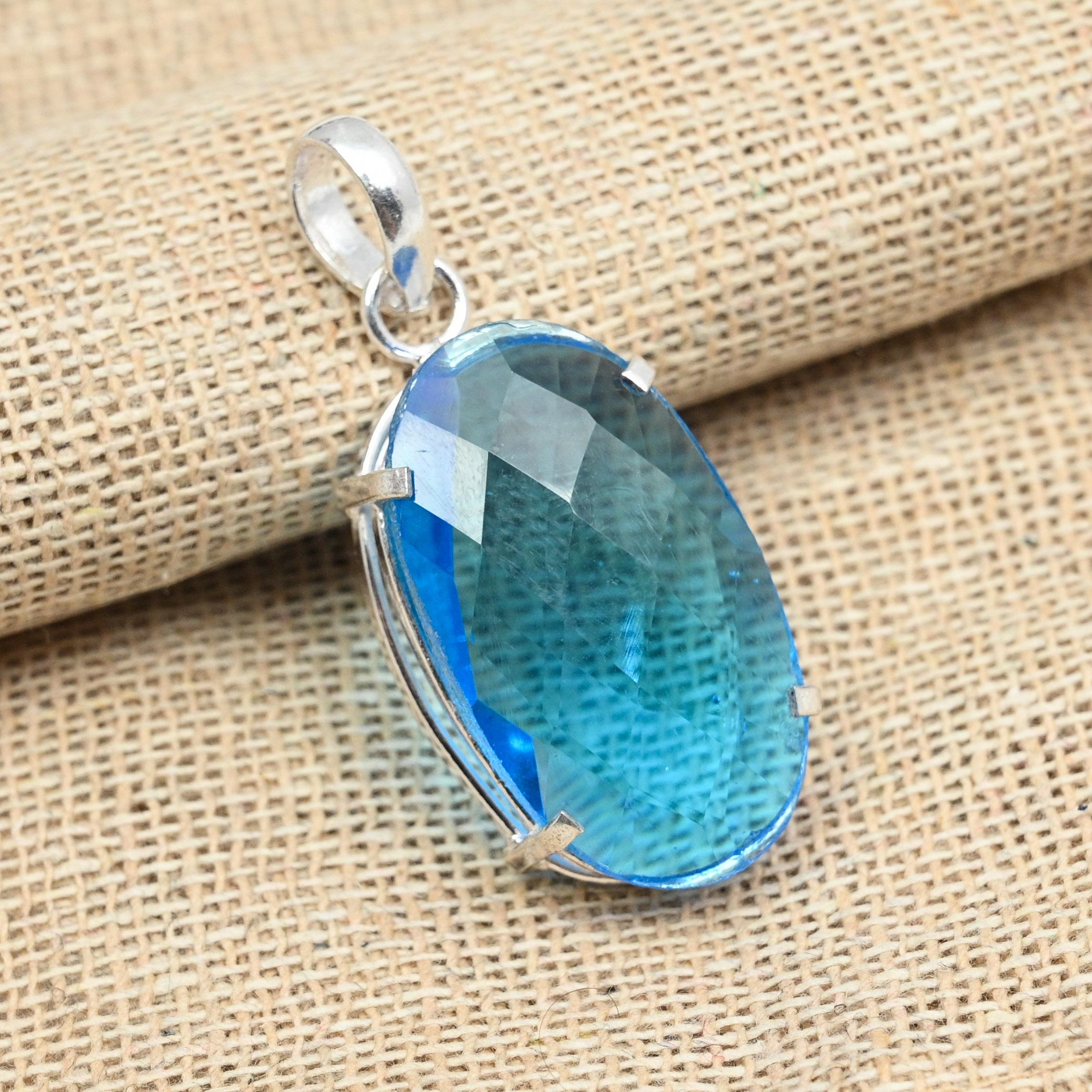 Faceted Blue Topaz Gemstone 925 Sterling Silver Handmade Charming Pendant Jewelry