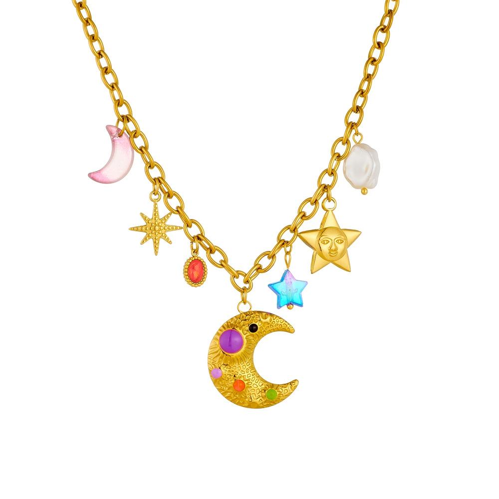 Imitation Pearl Acrylic Star Moon Pendant Necklace Stainless Steel Summer JewelryAccessories