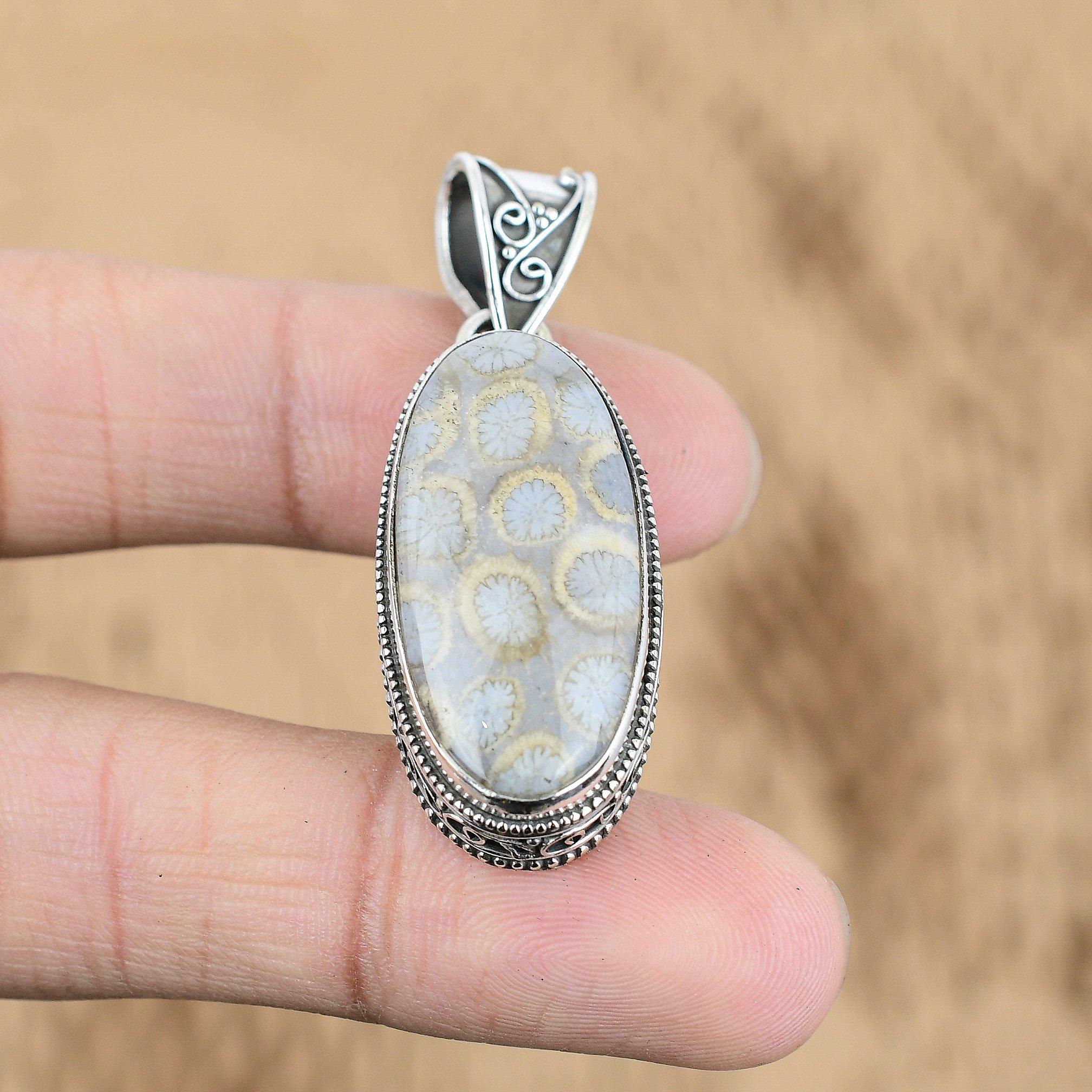Wedding Gift For Her 925 Silver Natural Fossil Coral Gemstone Pendant Vintage