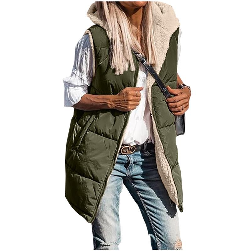 Womens 2025 Fall Reversible Vests Sleeveless Fleece Jacket Zip Up Hoodie Pockets Long Warm Winter Coat