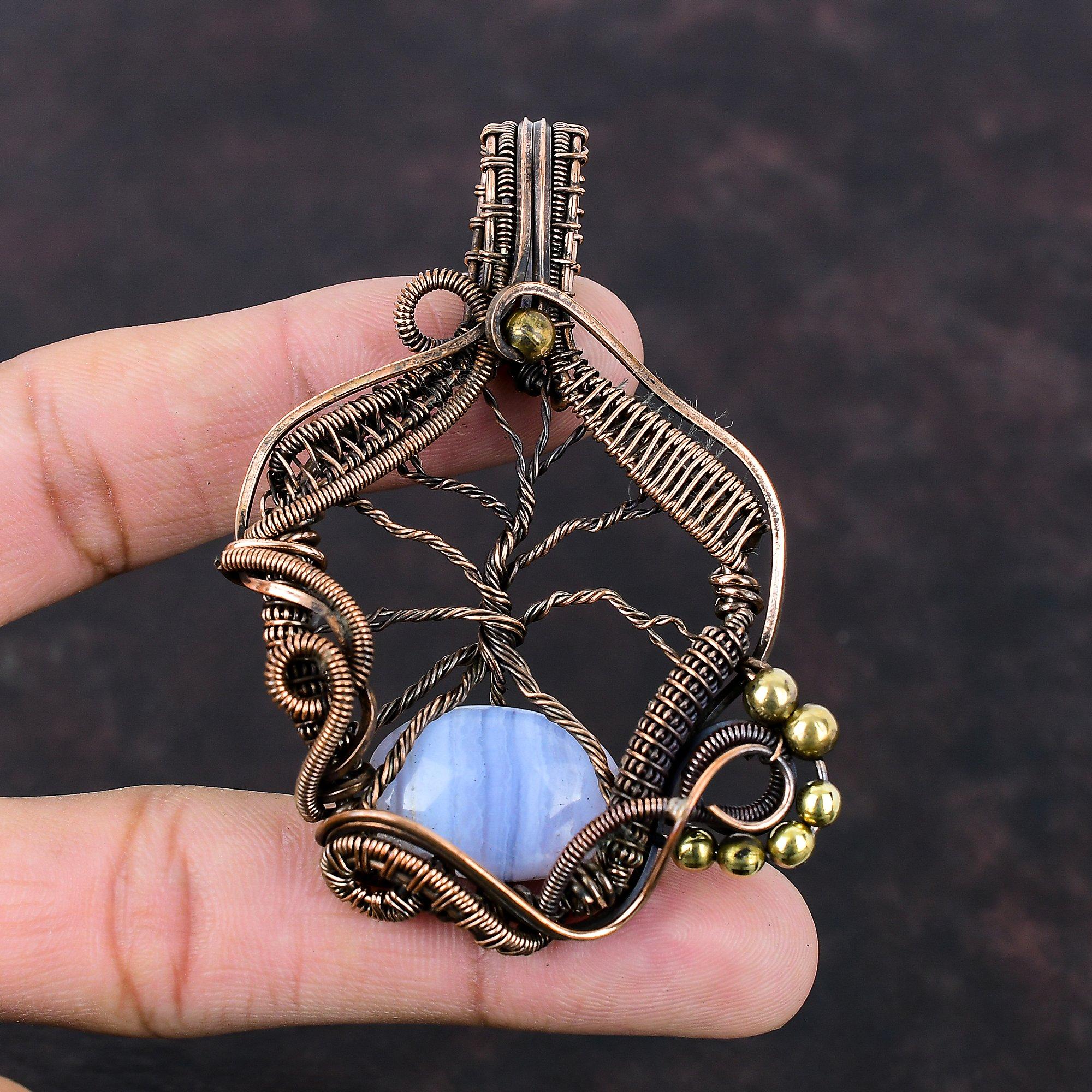Tree Of Life Blue Lace Agate Pendant Copper Wire Wrapped Pendant Handmade Gemstone Pendant Copper Jewelry Gift For Mom Unique Design Pendant