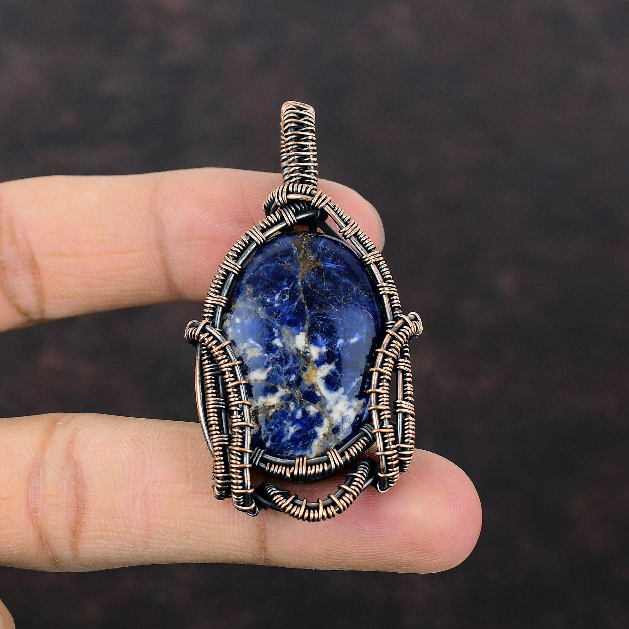 Sodalite Pendant Copper Wire Wrapped Pendant Dainty Gemstone Pendant Handmade Sodalite Jewelry Healing Stone Pendant Copper Jewelry For Gift
