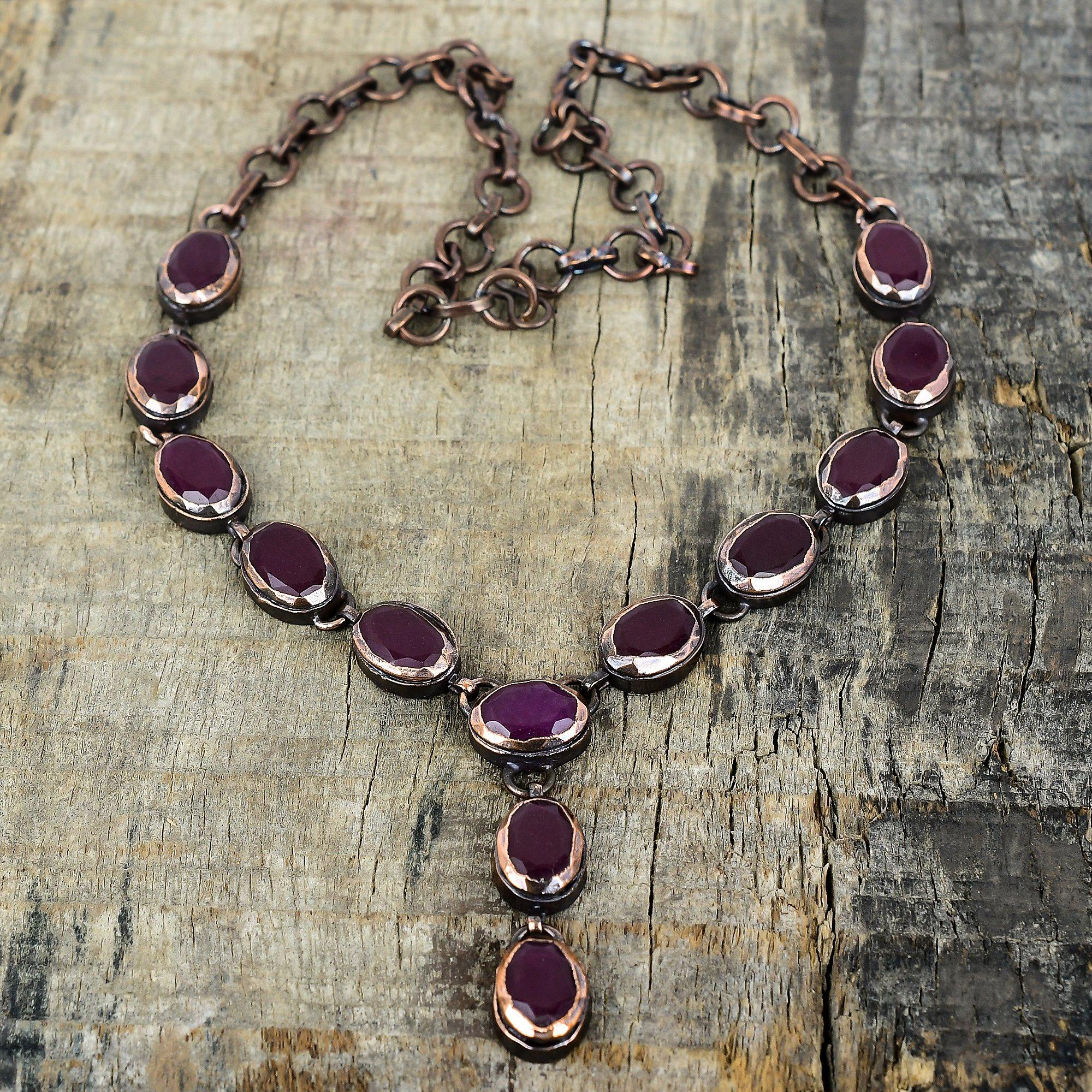 Colier cu rubin de Cașmir fațetat, colier din cupru electroformat, bijuterii handmade cu pietre prețioase, colier cu lanț reglabil, bijuterii din cupru, cadouri pentru ea