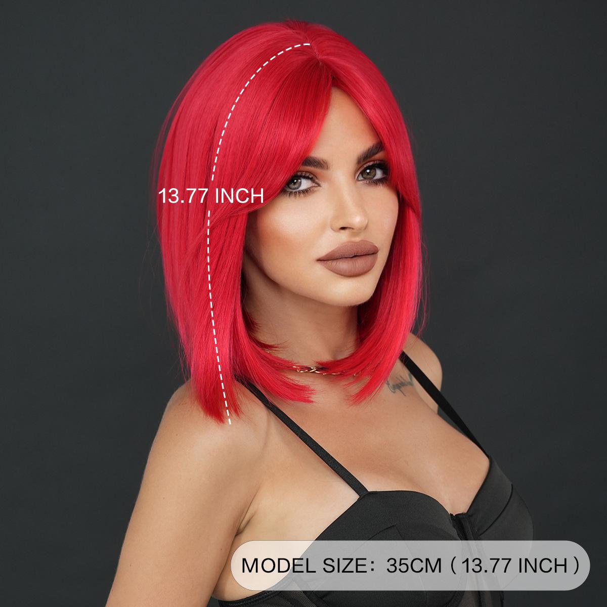 Red Short Straight Wig for Women - Bob Cut with Middle Part Curtain Bangs, Halloween Easter Party Machine Made Full Cap Wig
