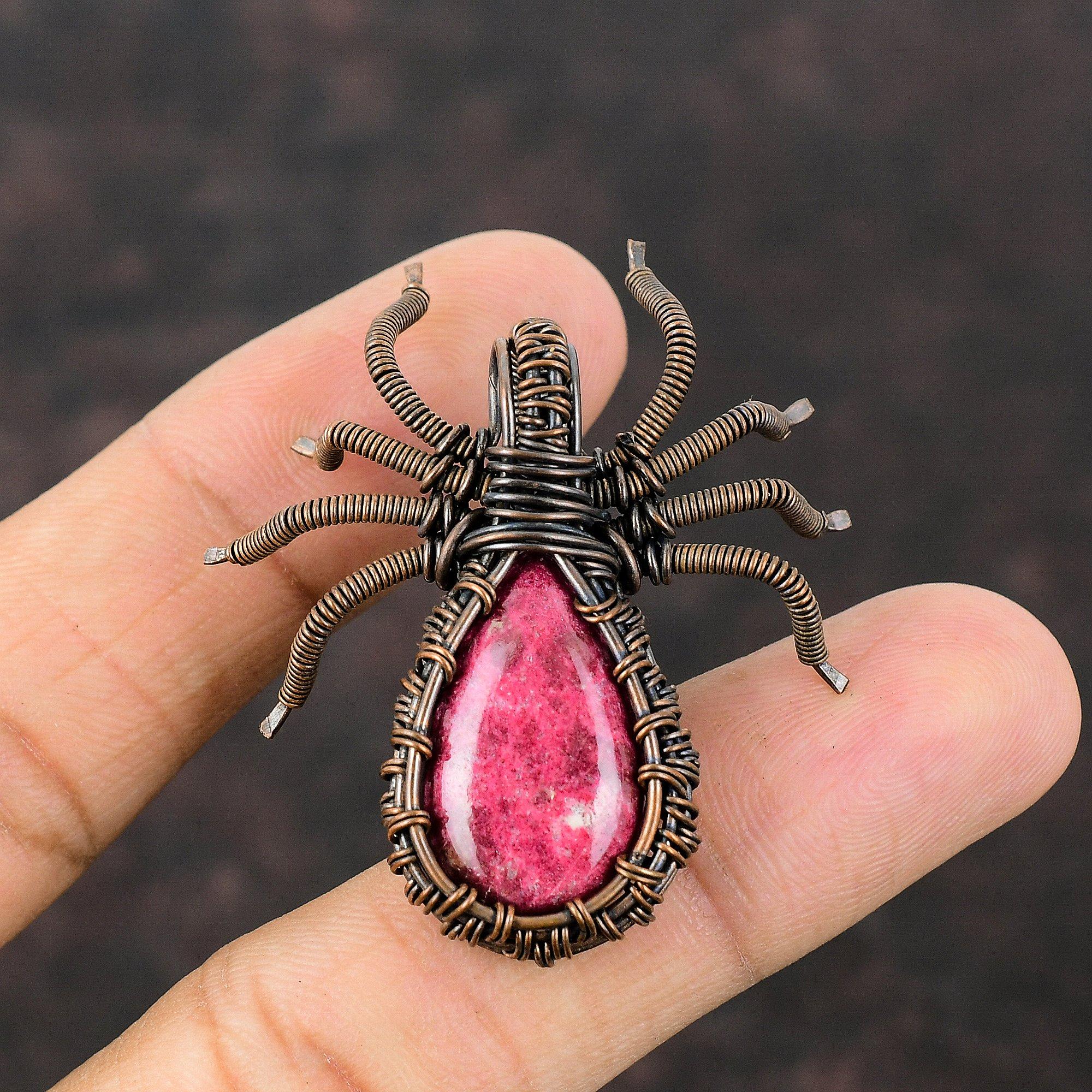 Thulite Copper Pendant Copper Wire Wrapped Jewelry Handmade Spider Pendant Gemstone Copper Pendant Gift For Him Wire Wrap Pendant For Women