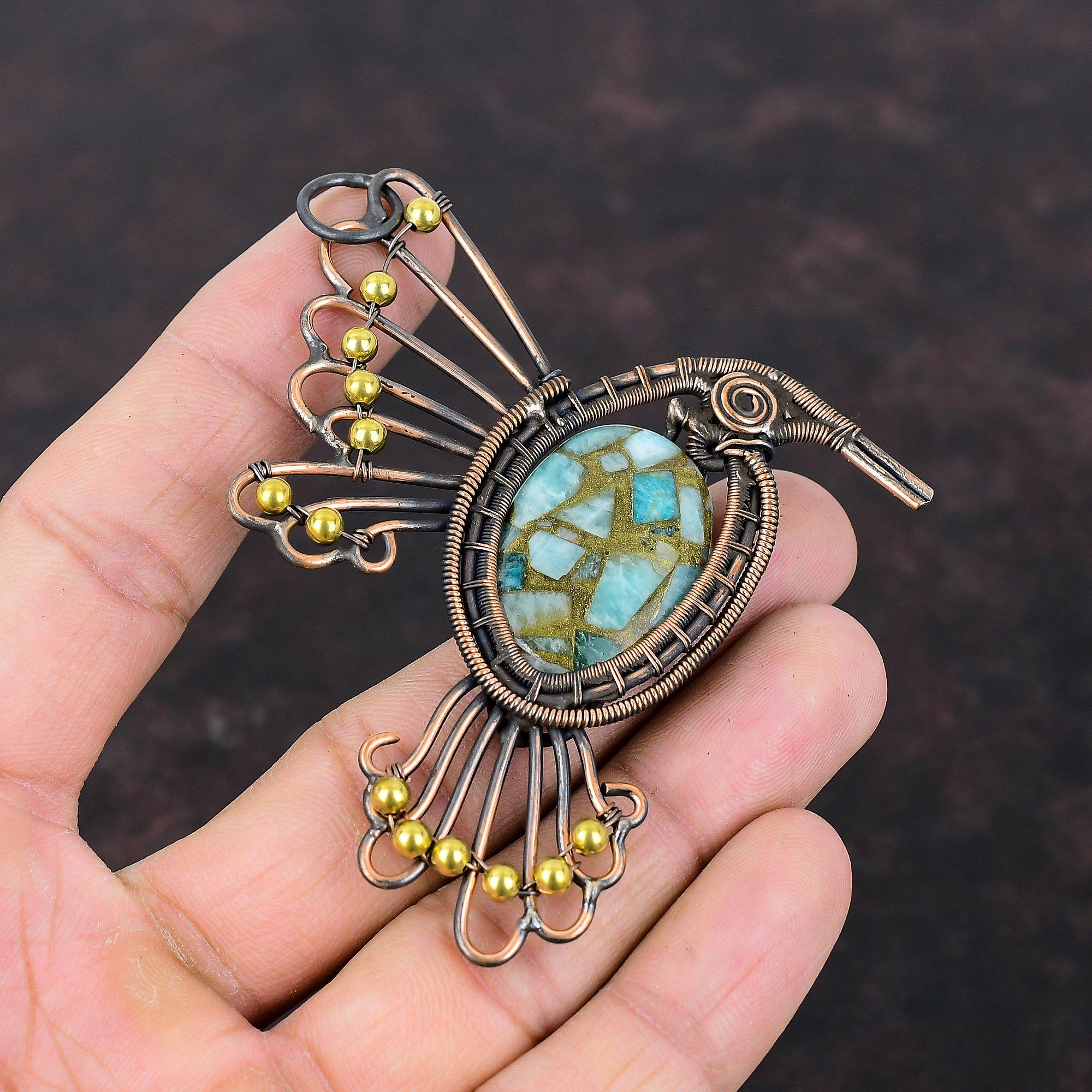 Copper Amazonite Pendant Copper Wire Wrapped Pendant Bird Jewelry Gemstone Pendant Handmade Pendant Copper Wire Wrap Jewelry Wedding Gifts