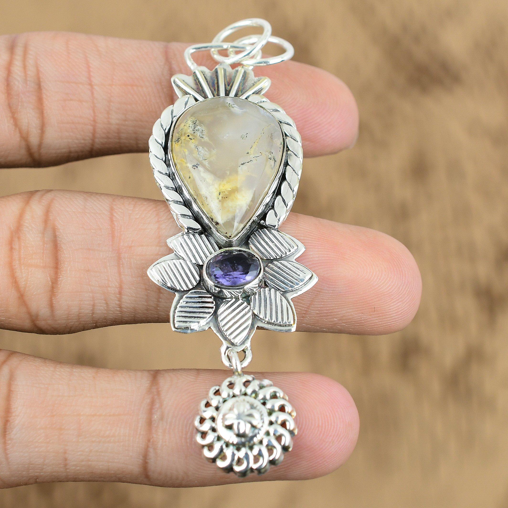 Natural Plume Agate Gemstone Pendant White 925 Sterling Silver Indian Jewelry