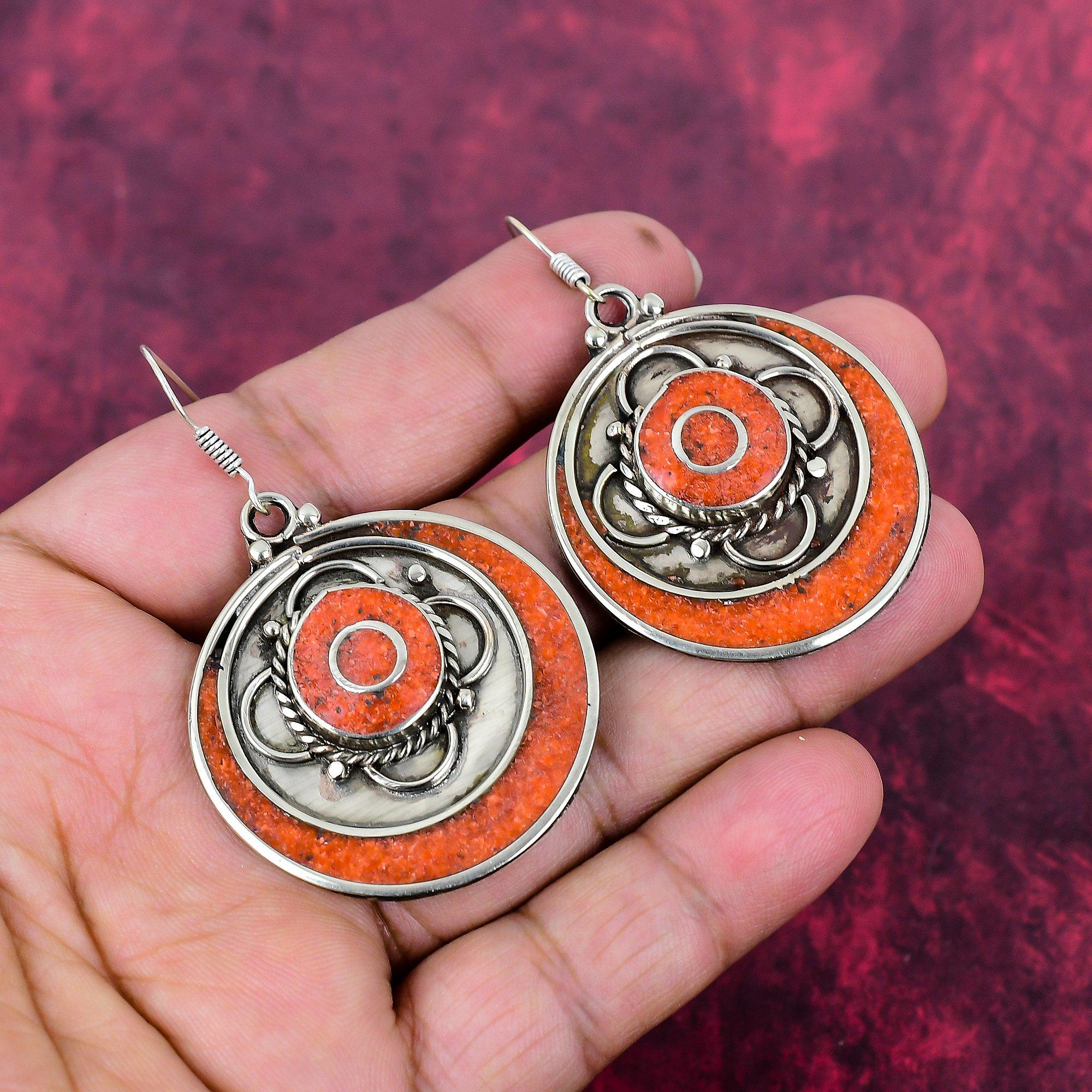 Coral 925 Solid Sterling Silver Nepali Earrings, Handmade Gemstone Earrings Jewelry, Gifts For Wife Brand New Earrings