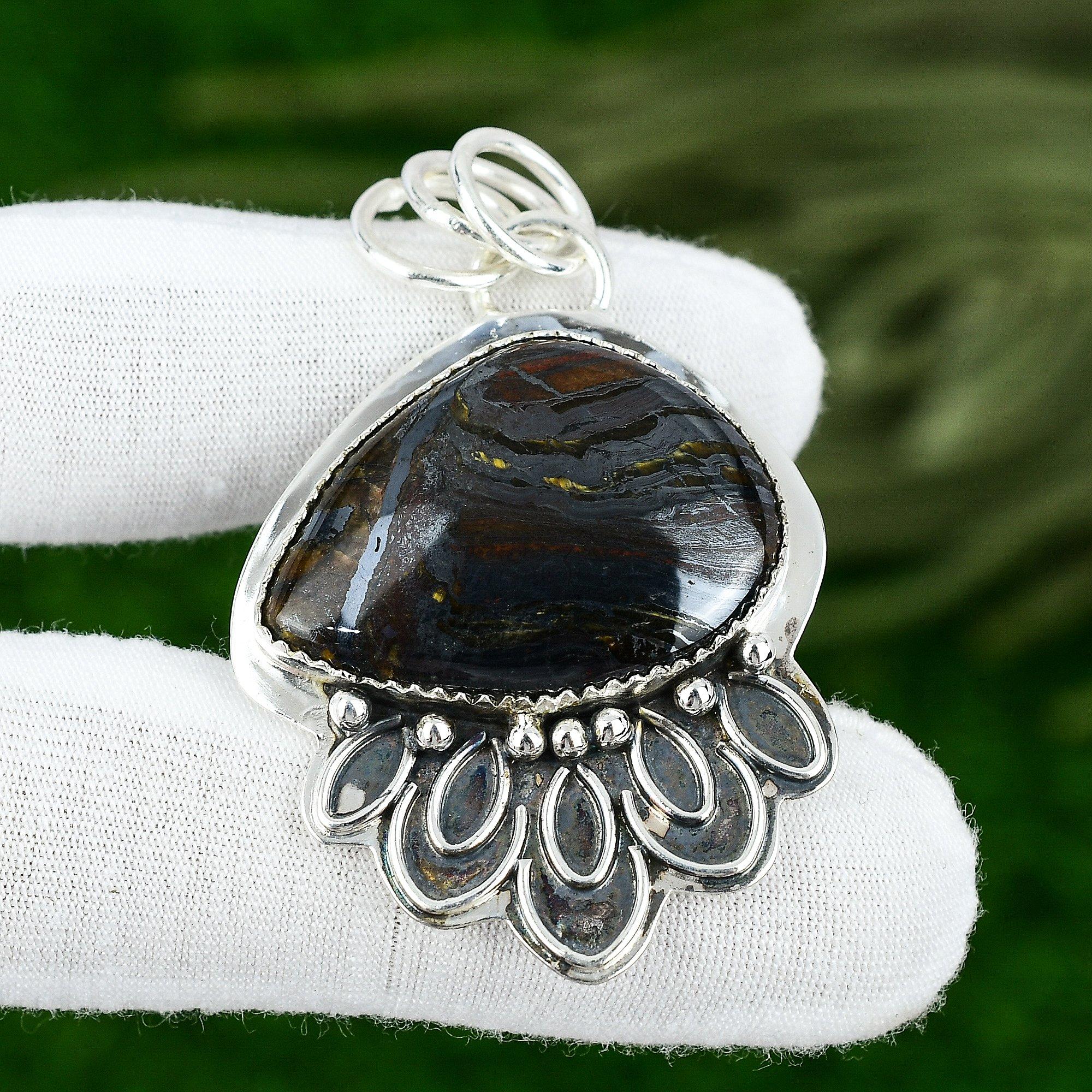 Argento Sterling 925 Pietra Preziosa Occhio di Tigre Trillione Sorella Nuovo Ciondolo Gioiello