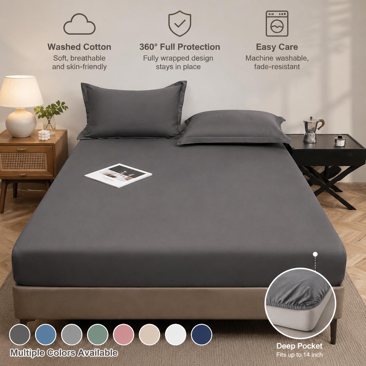 Brushed Washed Cotton Fitted Sheet, All Seasons Full Wrap Mattress Protector Cover with Pillowcase, Dustproof Anti-Dirty Bed Linen