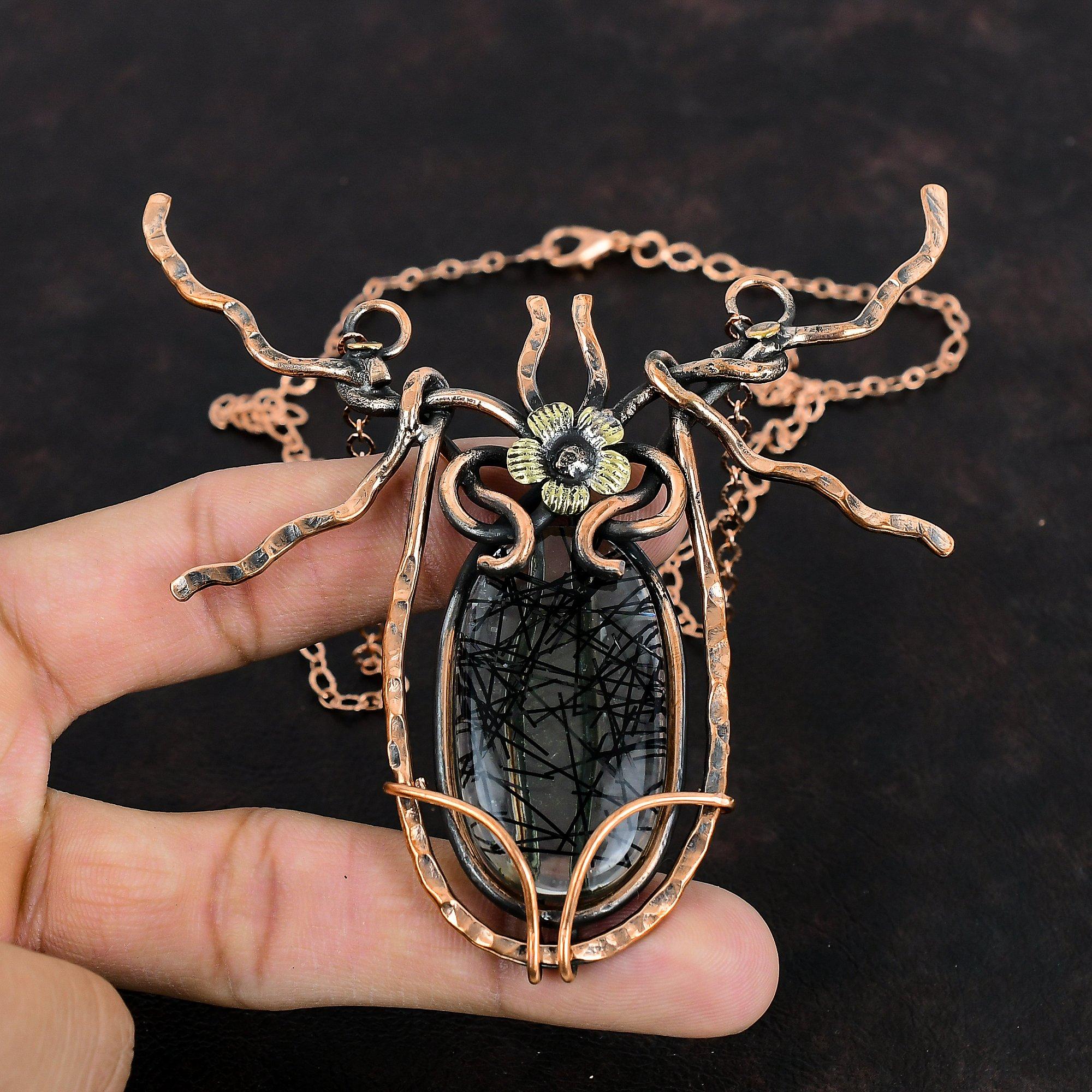 Black Rutile Necklace Copper Wire Wrapped Jewelry Handmade Necklace Adjustable Chain Necklace Natural Gemstone Jewelry Copper Wire Necklace