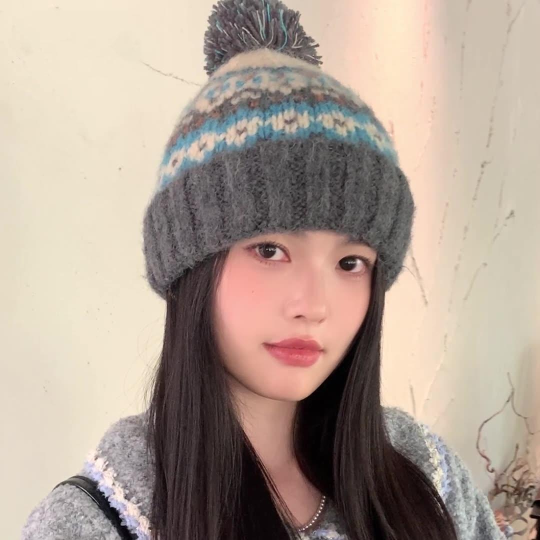 Women Autumn Winter Warm Thicken Ear Protector Hat Cold Fur Hair Ball Velvet Outdoor Knitted Cap Sweet Cute Stripe Hat