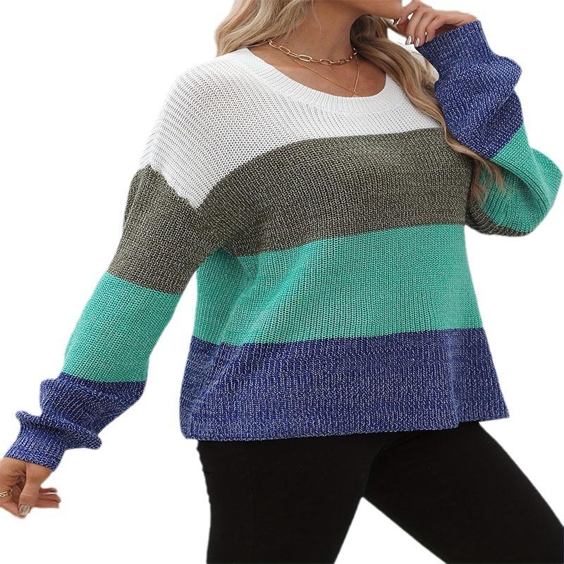 Pull à blocs de couleurs grande taille pour femme, pull en tricot à col rond tendance pour l'automne et l'hiver