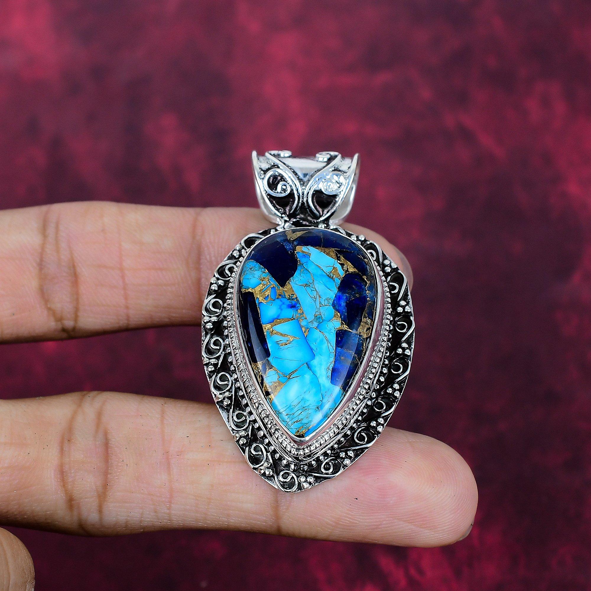 Copper Lapis Turquoise Handmade Gemstone Pendant, 925 Solid Sterling Silver Pendant Amazing Jewelry, Love Forever Gift