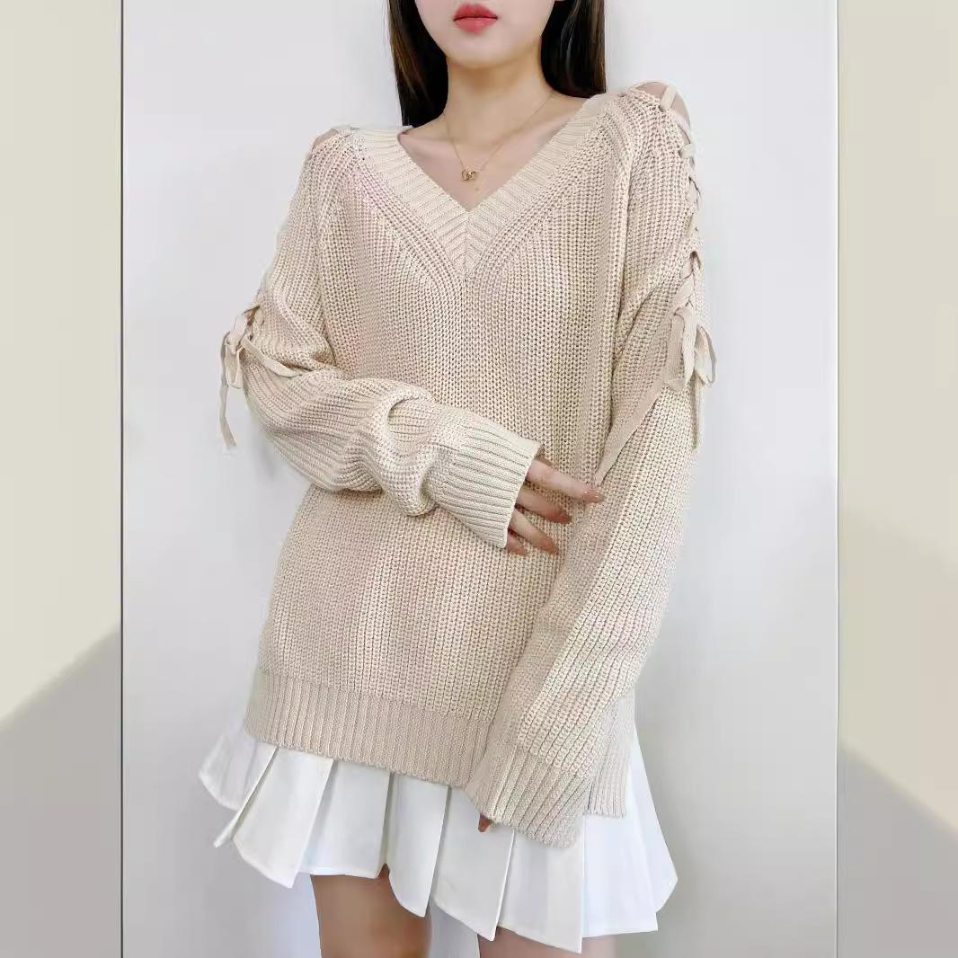 Autumn and Winter Women's Solid Color Strapless Long-sleeved Knit Sweater V-neck Pullover Breathable Loose Sweater Bottoming Shirt Fashion Tops