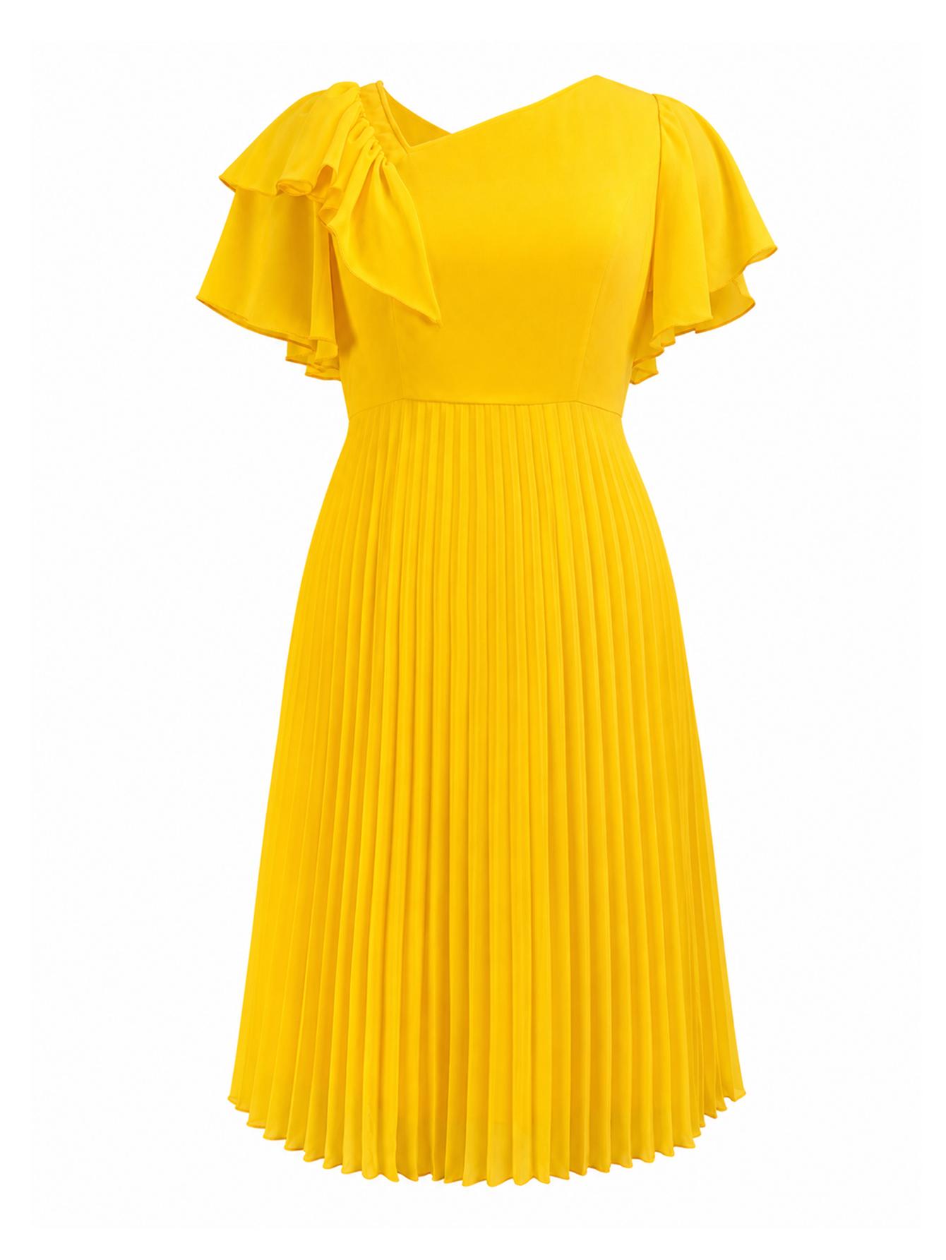 AOMEI Plus Size Yellow Chiffon A Line Dresses Short Sleeve Ruffles High Waist Pleated Casual Church Midi Dress