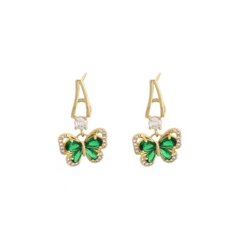 S925 Silver Pin Green Stone Zircon Butterfly Earrings for Women