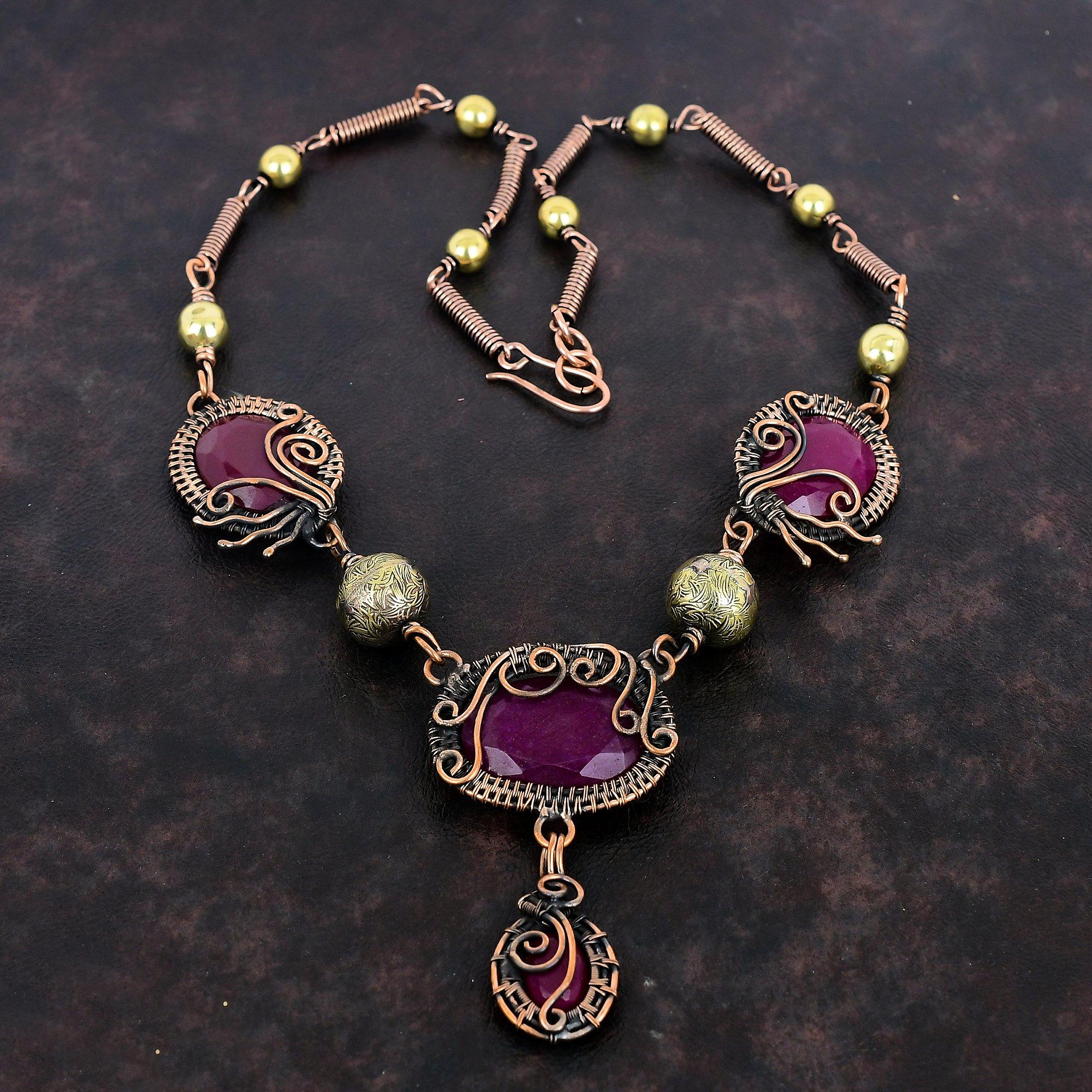 Faceted Kashmir Ruby Necklace Copper Wire Wrapped Adjustable Chain Necklace Designer Copper Jewelry Handmade Gemstone Necklace Gifts For Mom