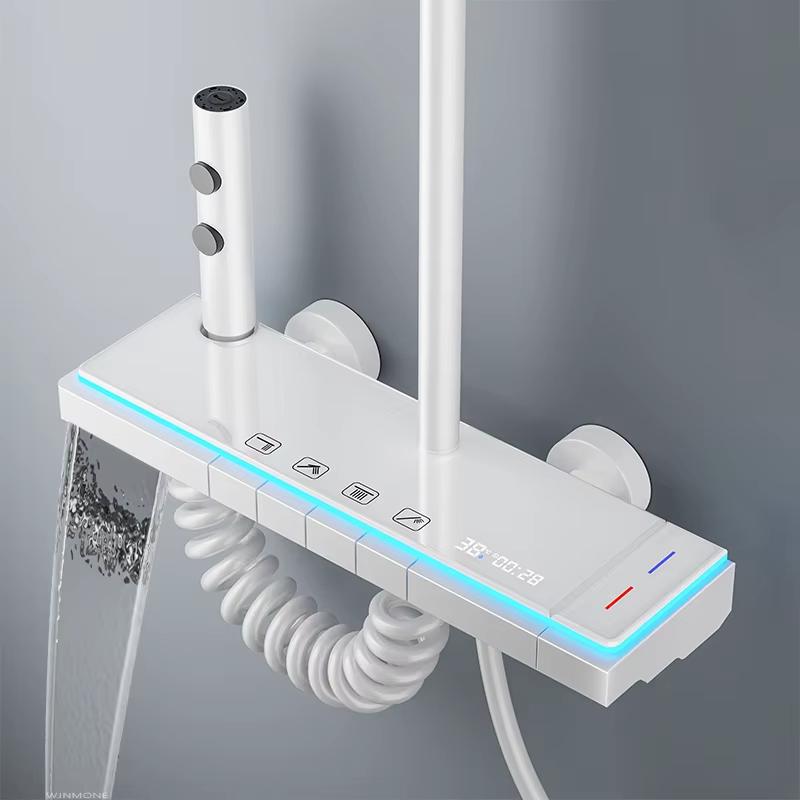 Modern Bathrooms Shower System Set Glass Panel Bathtub Rain LED Display Rainfall Shower Mixer Tap Thermostatic Faucet with Light