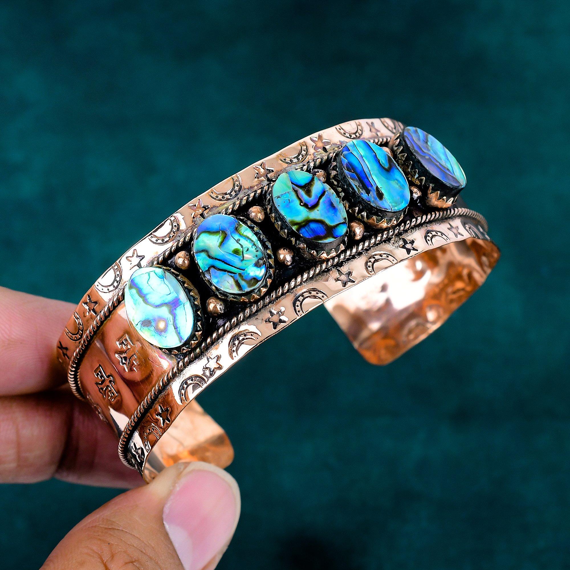 Abalone shell cuff bracelet designer gemstone adjustable bangle copper cuff bracelet birthstone handmade jewelry gift for mother boho bangle