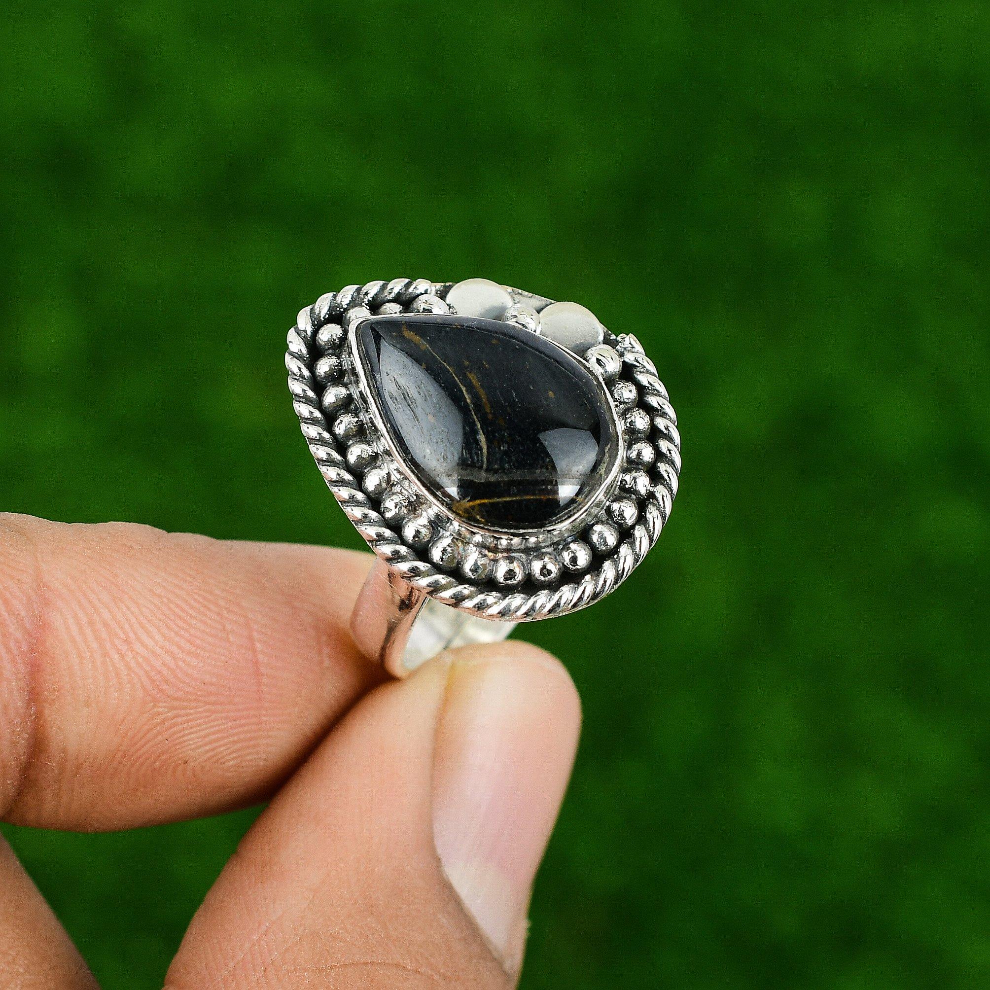 Sterling Silver Pear Sacral Chakra Black Tiger's Eye Stone Statement Mother Ring