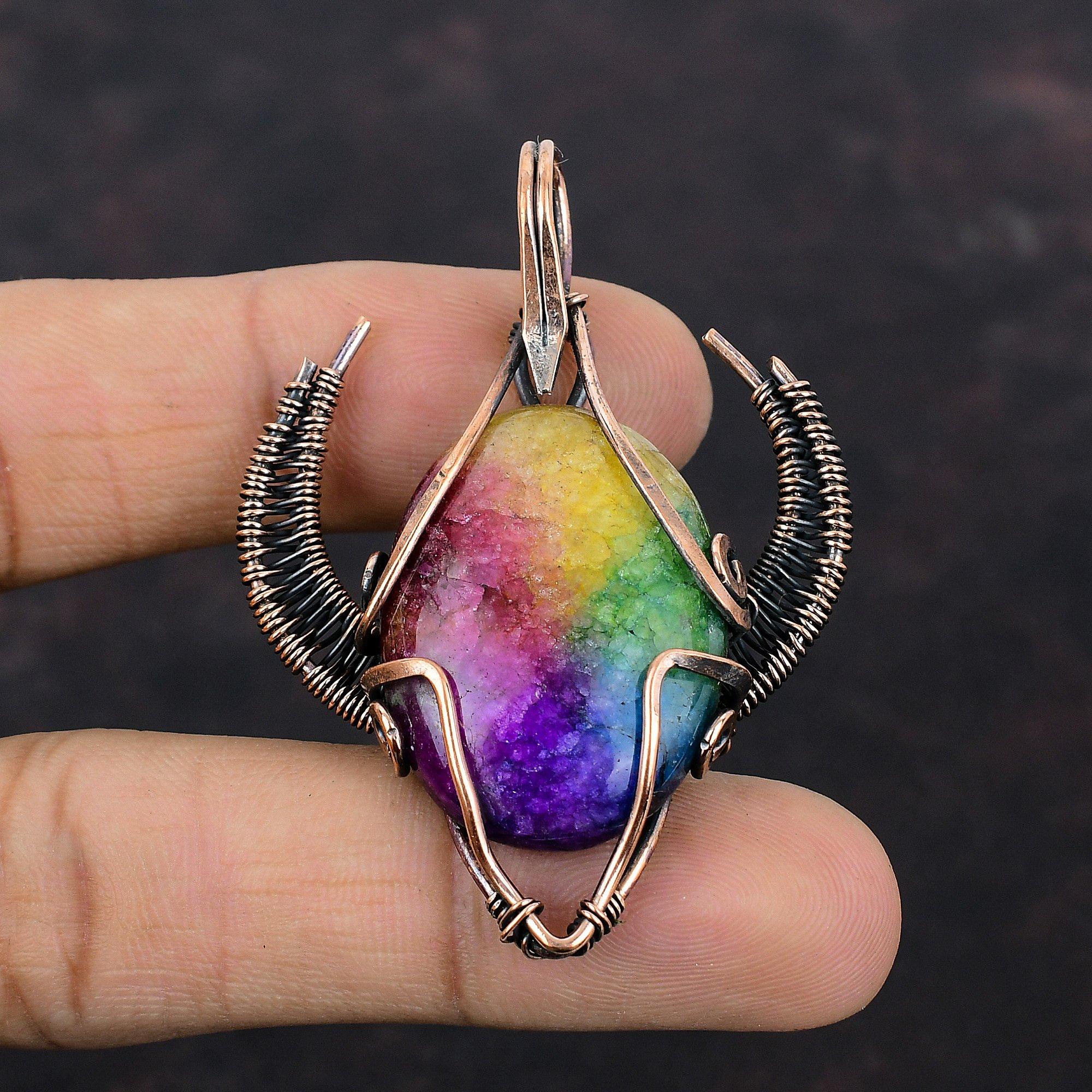 Regenbogen Solarquarz Druzy Anhänger Kupferdraht umwickelter Anhänger Stierkopf Form Anhänger Edelstein Kupferschmuck Handgefertigter Anhänger Geschenk für Mama