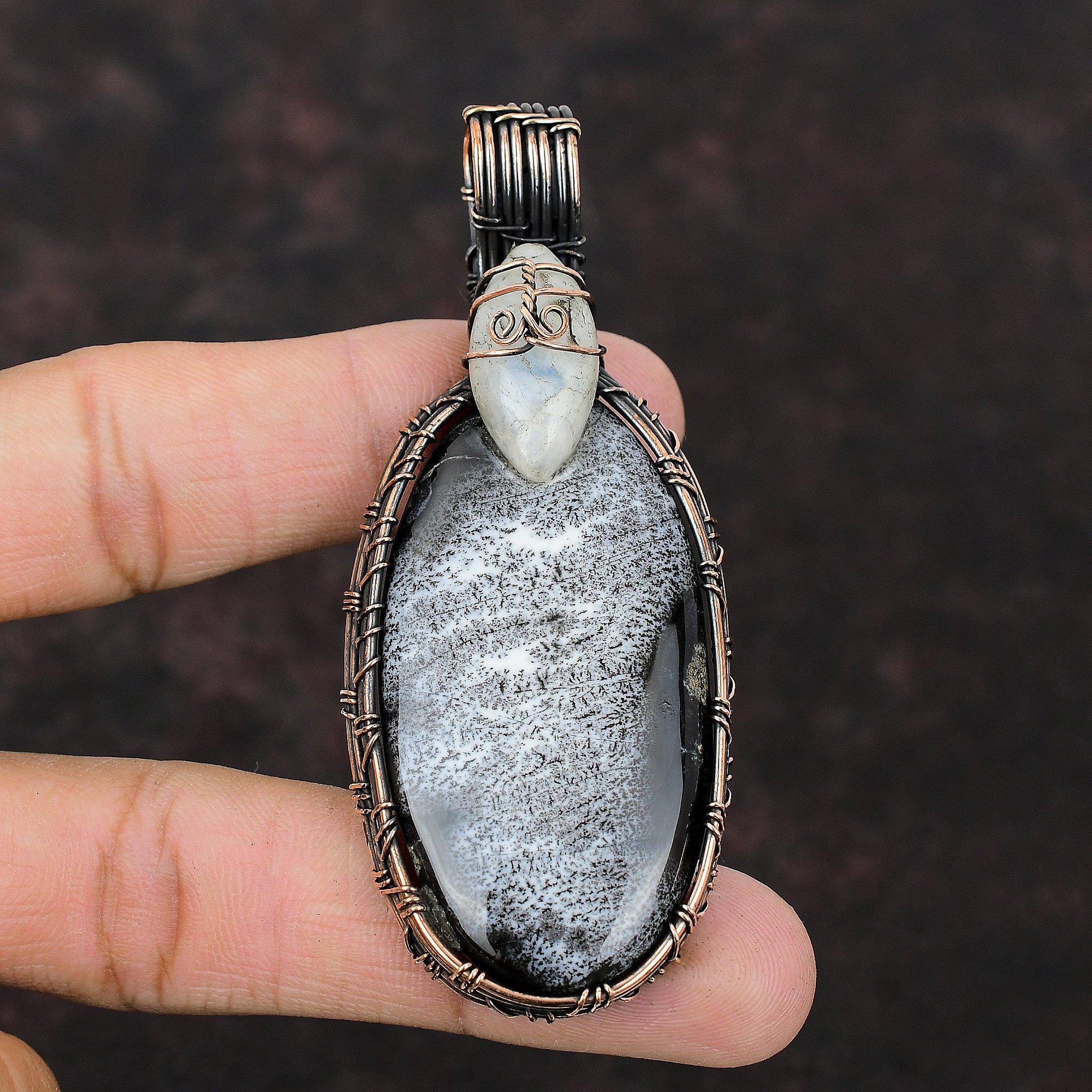 Dendrite Opal Pendant Copper Wire Wrapped Pendant  Rainbow Moonstone Gemstone Jewelry Handmade Boho Pendant Copper Wire Jewelry Gift For Him