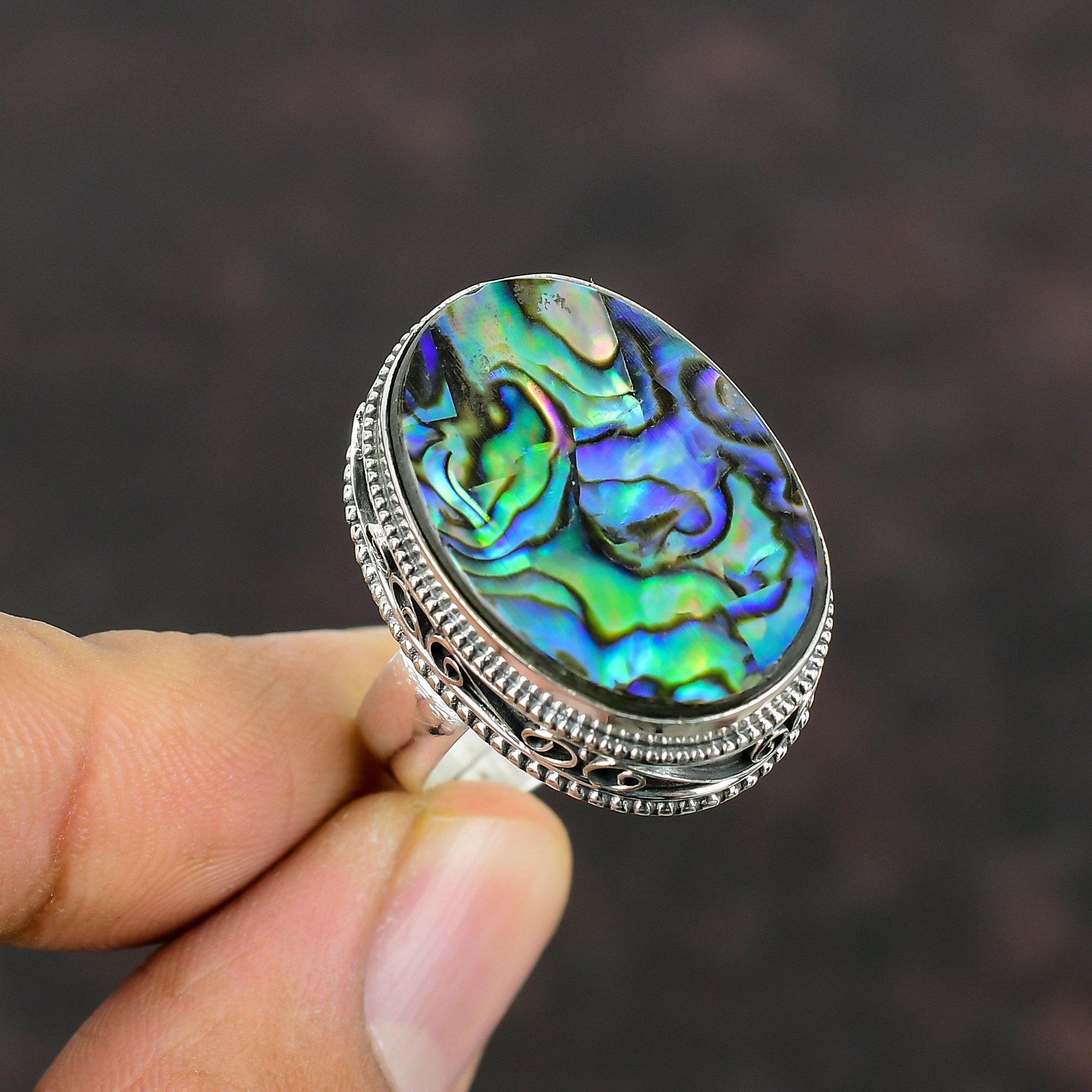 Abalone Shell Ring Handmade Boho Style Jewelry 925 Sterling Silver Ring Natural Gemstone Ring Vintage Jewelry Adjustable Ring Gift For Women
