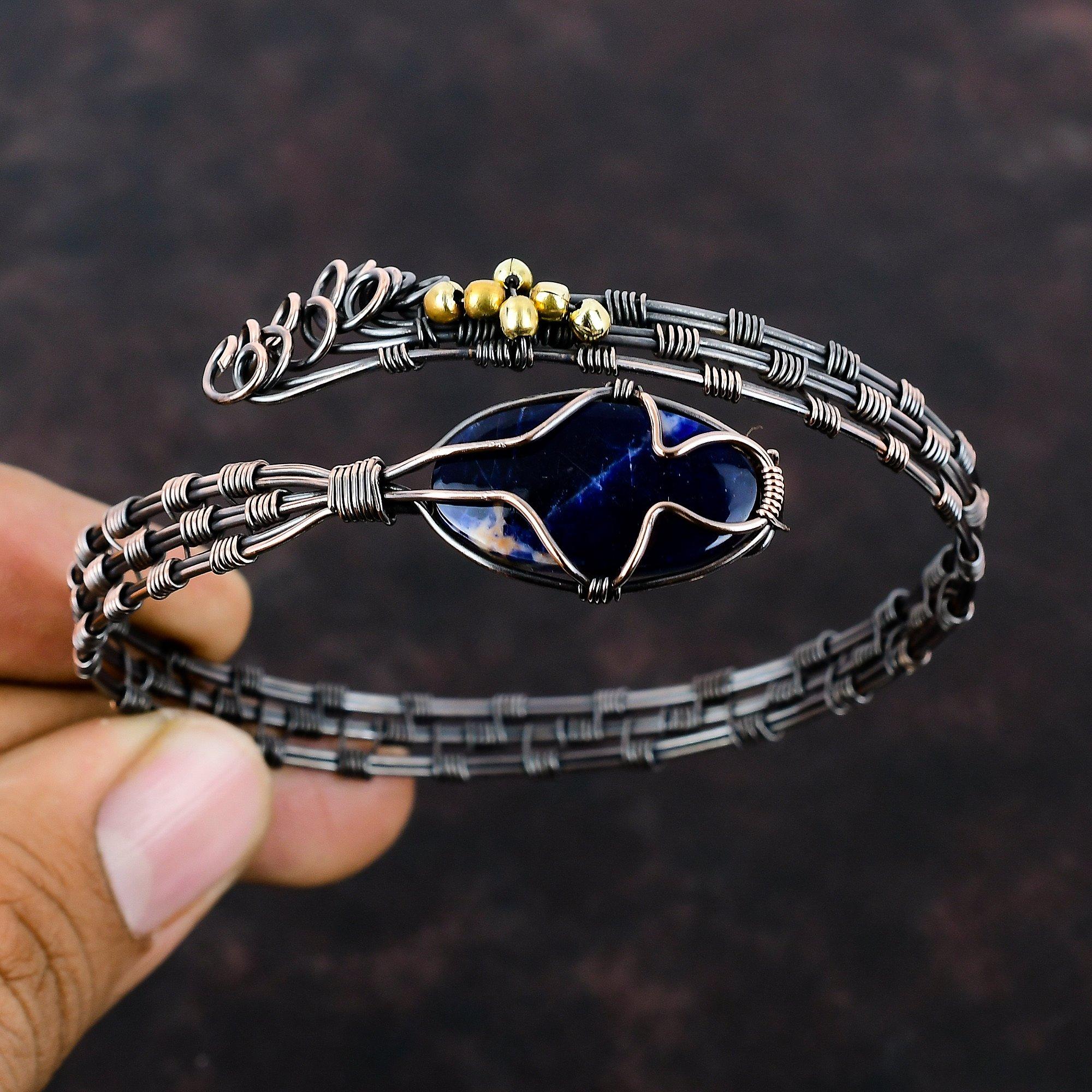 Brățară din Sodalit și Cupru, Brățară Manșetă cu Piatră Prețioasă Înfășurată în Sârmă, Brățară Ajustabilă, Bijuterii Înfășurate în Sârmă, Brățară Handmade, Bijuterii din Cupru pentru Cadou