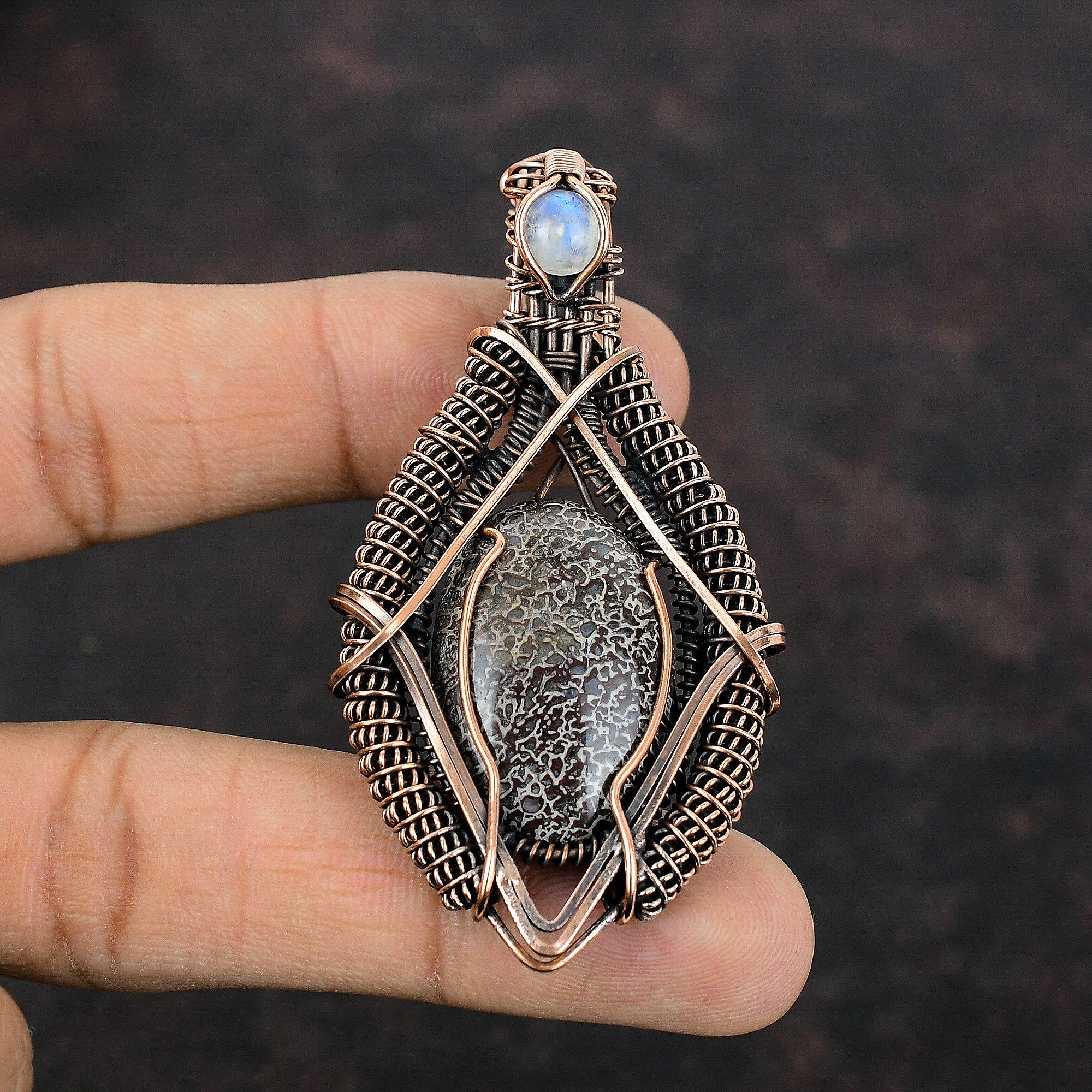 Dinosaur Bone Pendant Copper Wire Wrapped Pendant Gemstone Jewelry Rainbow Moonstone Pendant Handmade Wire Wrapping Jewelry Gift For Mom