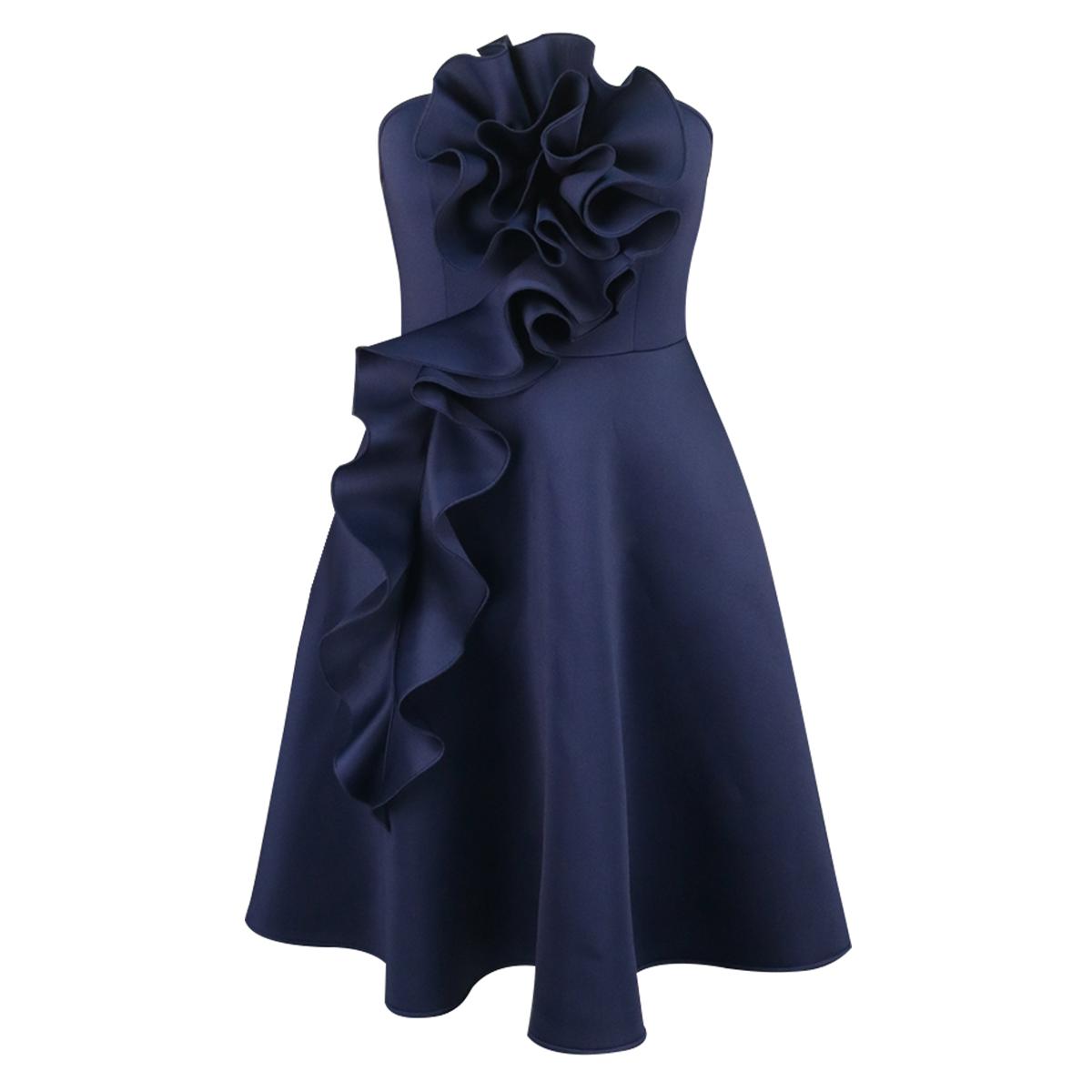 AOMEI Navy Blue Strapless Dress Flowery High Waist A Line Tube Tops Evening Party Gowns for Women