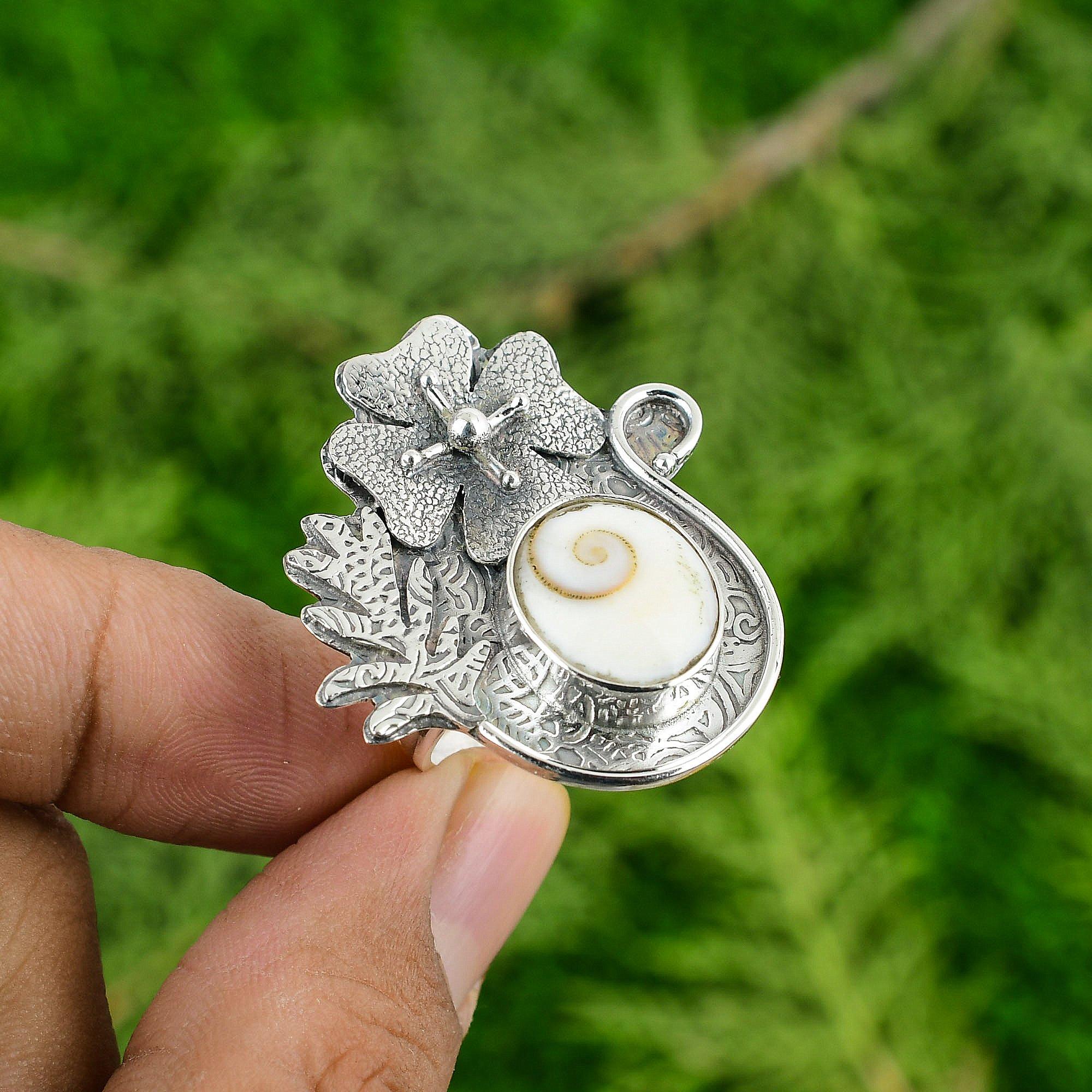 925 Sterling Silver Natural Shiva Eye Shell Statement Flower Daughter Bezel Ring