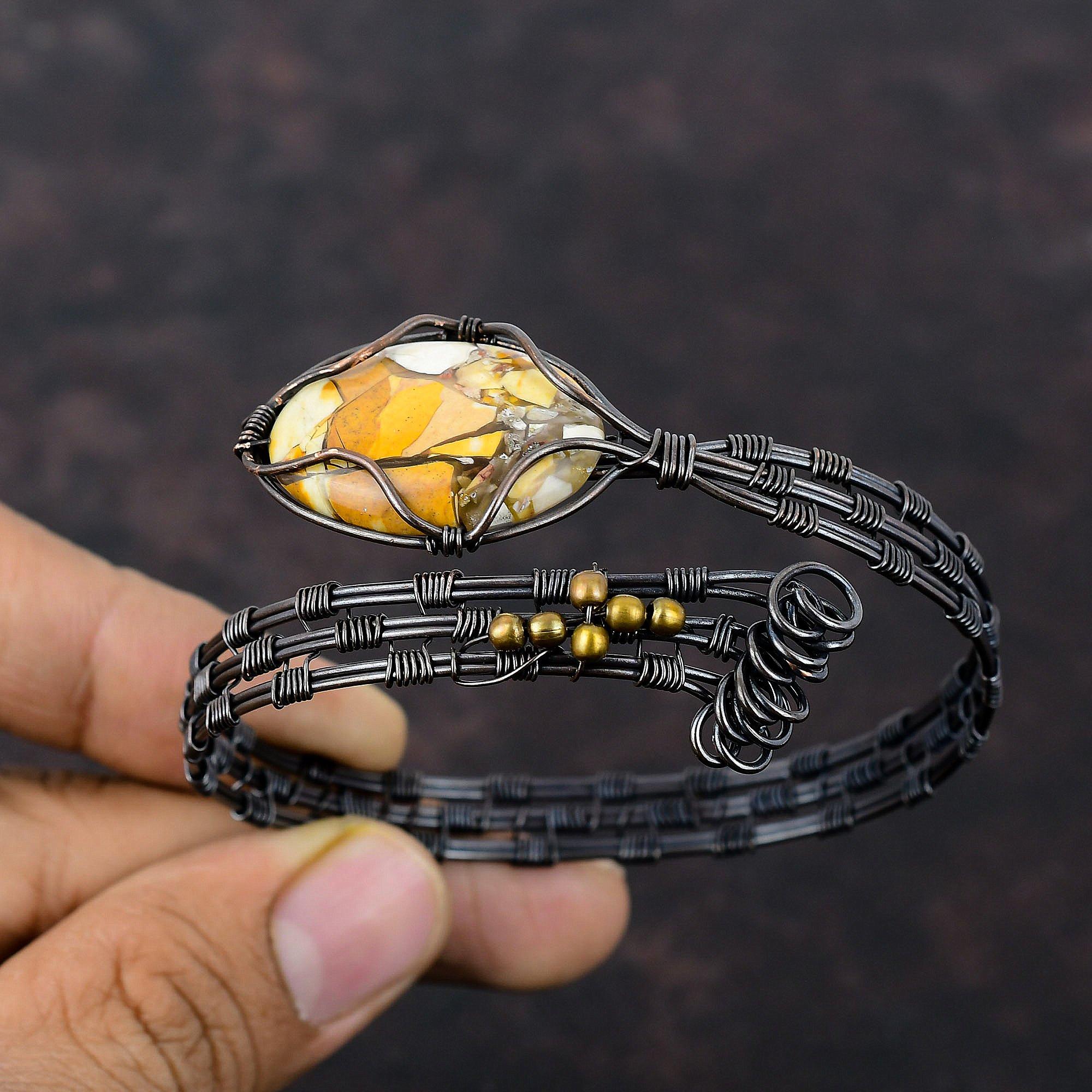 Brecciated Mookaite Gemstone Bangle Copper Wire Wrapped Cuff Bracelet Handmade Jewelry Adjustable Cuff Copper Wire Jewelry Gift For Friend