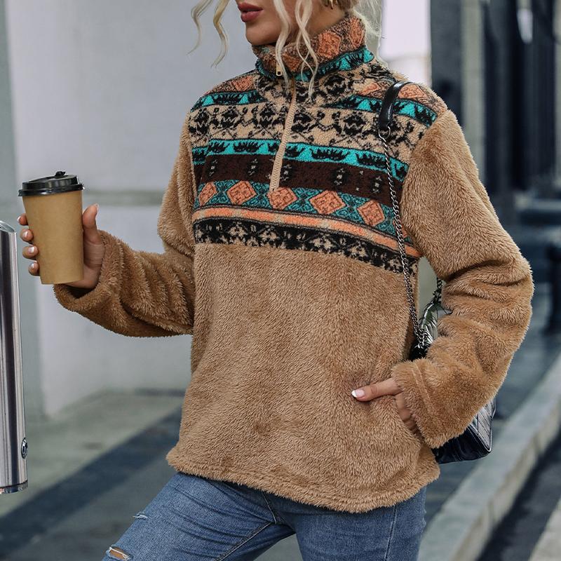 Plüsch-Langarm-Sweatshirt für Damen, lockerer Pullover, Stehkragen, Tasche, halber Reißverschluss