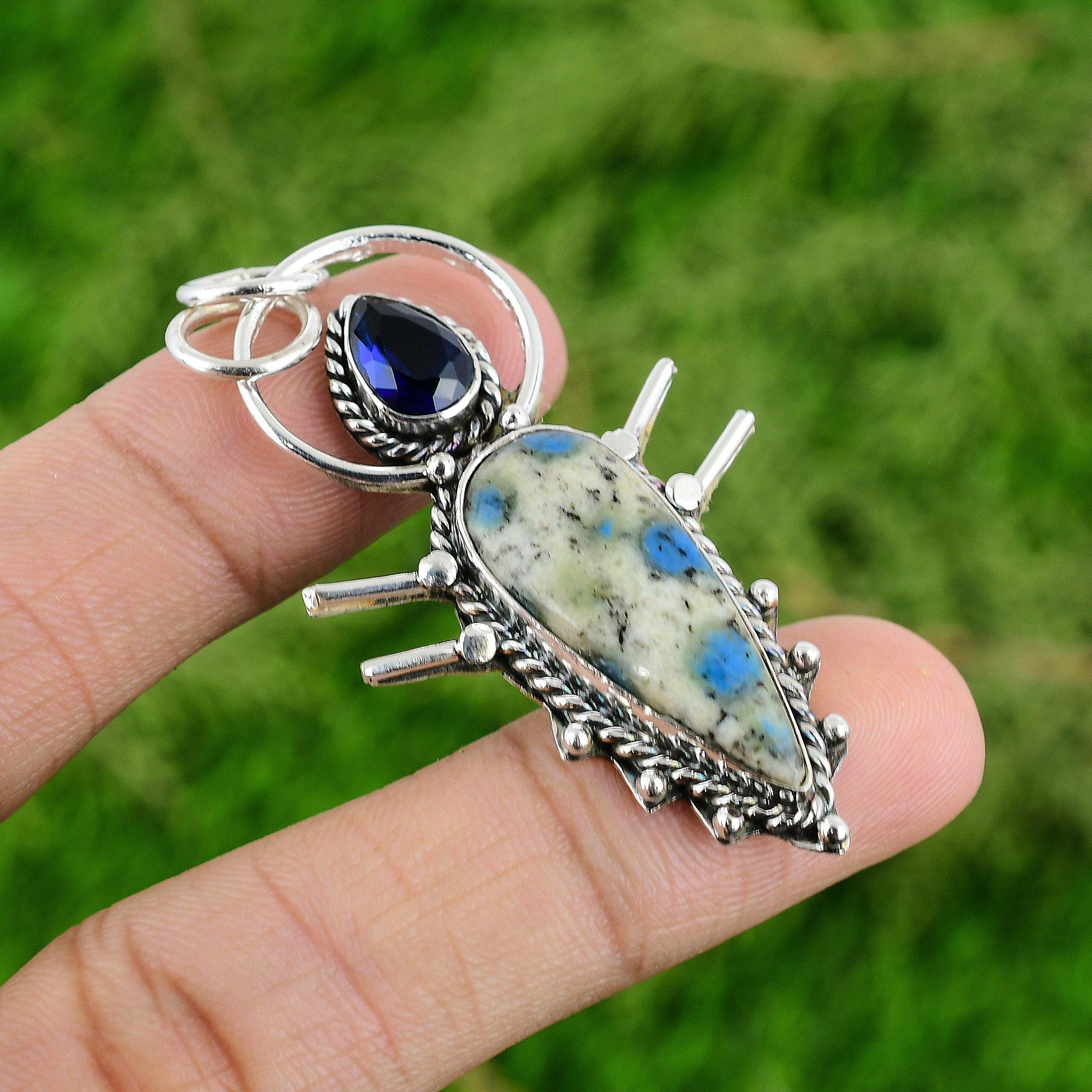 K2 Jasper Stone Tanzanite Quartz Sterling Silver Sister Bezel Pendant Jewelry