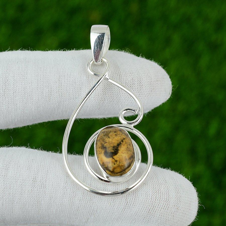 Natural Picture Jasper Gemstone Pendant Yellow 925 Sterling Silver Jewelry