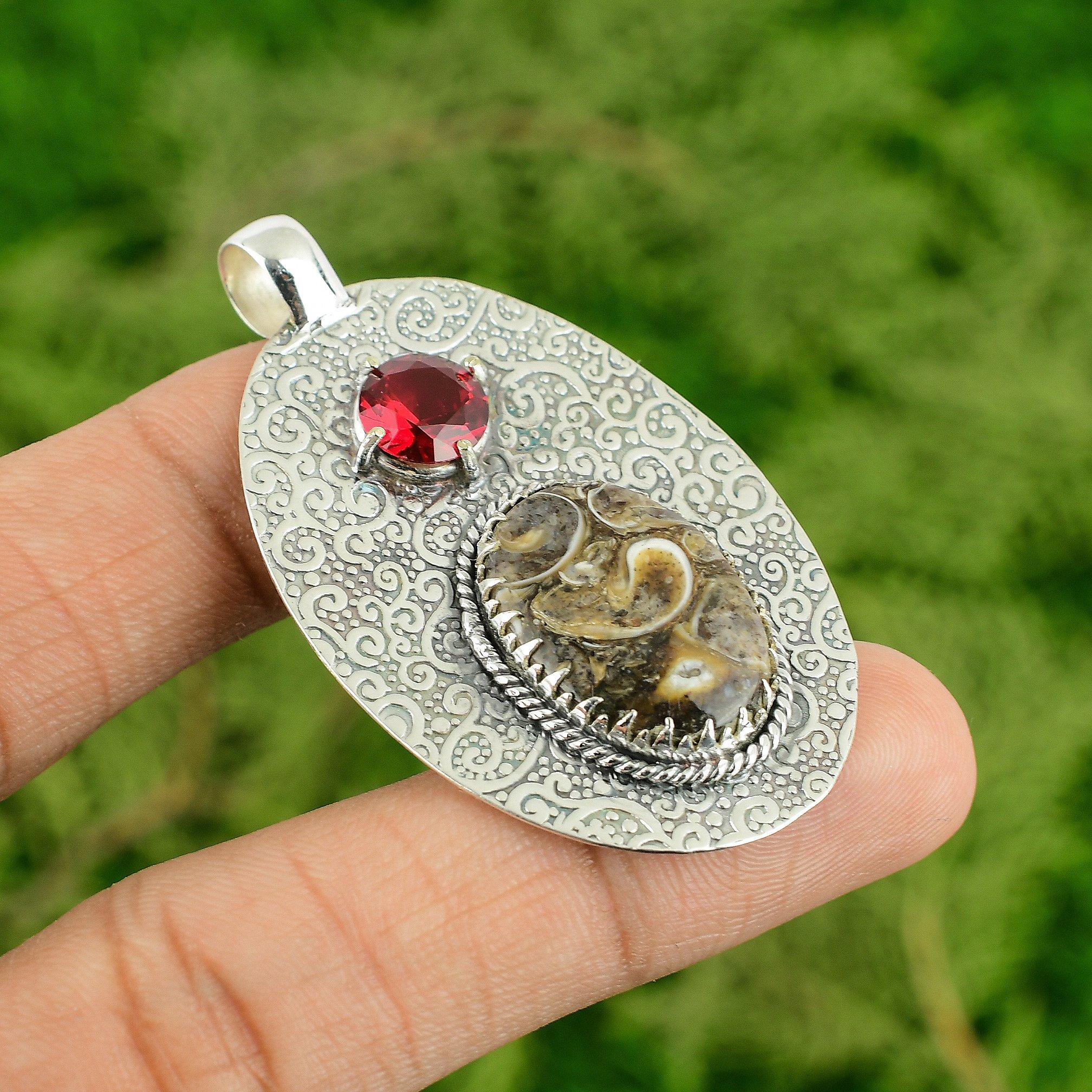 Daughters Day Deal Turritella Agate Stone Rubellite 925 Silver Art Deco Pendant