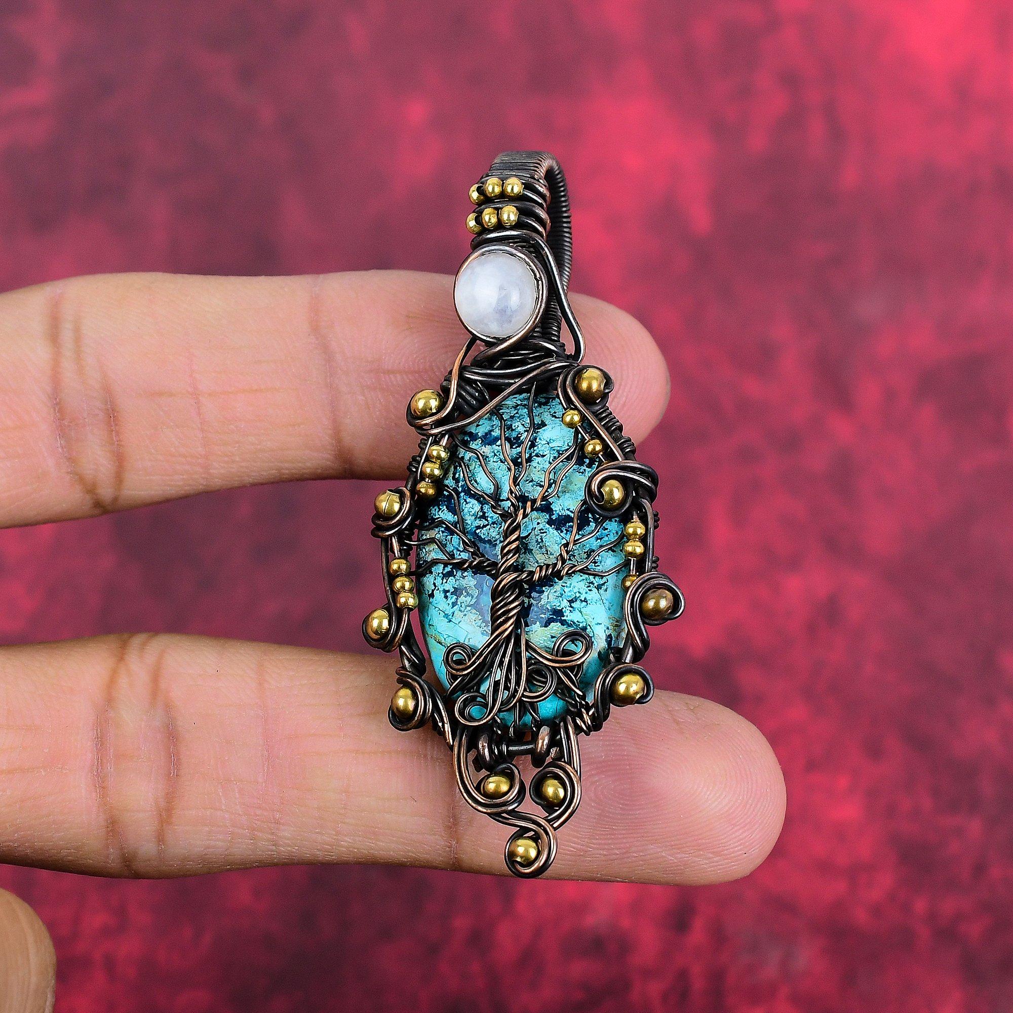 Tree of life chrysocolla pendant copper wire wrapped jewelry rainbow moonstone gemstone pendant gifts for wife handmade copper wire pendant