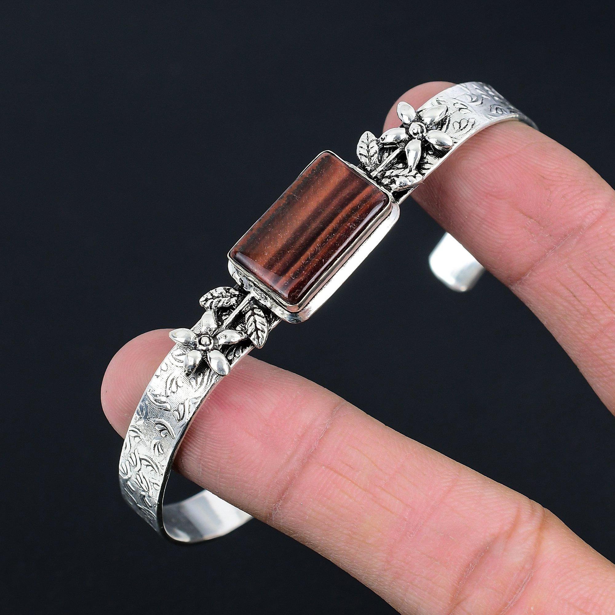 Womens Day Deal Natural Tiger Eye Sterling Silver Flower Wedding Bangle Bracelet
